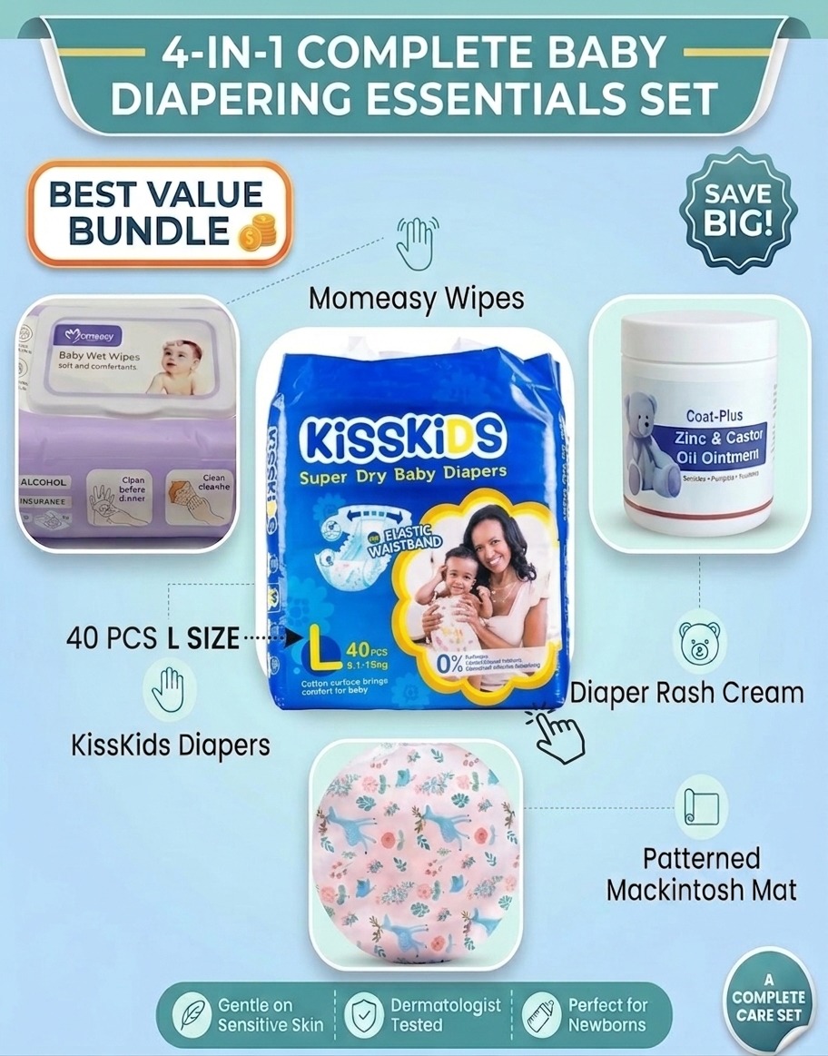 4 in Complete Diapering Essentials -KISSKIDS Diaper+Momeasy wet wipes+Zinc and Castor diaper rash cream+Waterproof mackintosh