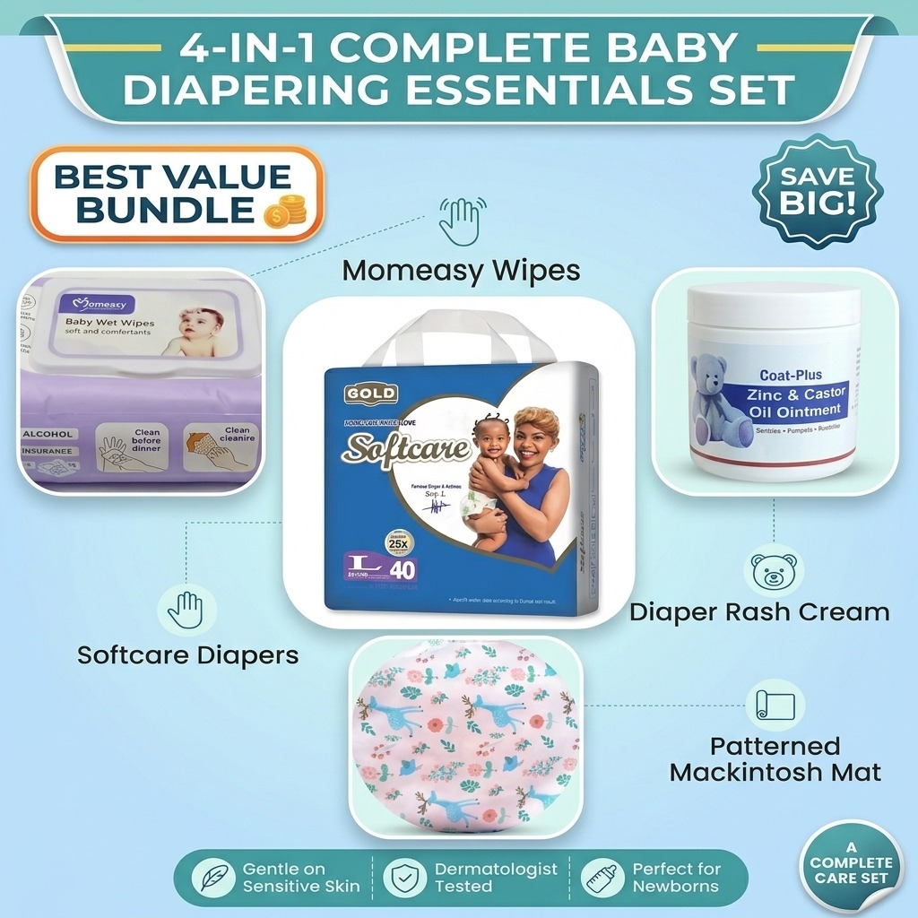 4 in Complete Diapering Essentials -SOFTCARE Diaper+Momeasy wet wipes+Zinc and Castor diaper rash cream+Waterproof mackintosh