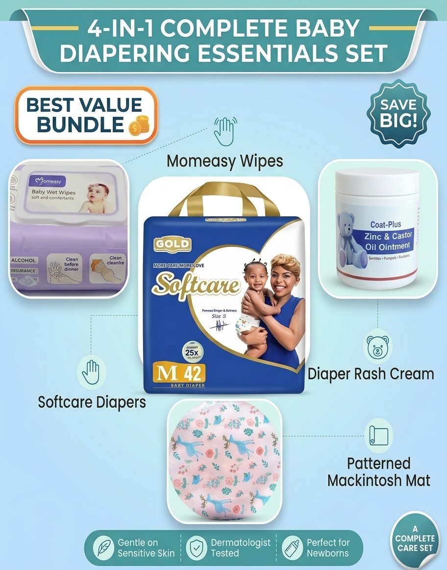 4 in Complete Diapering Essentials -SOFTCARE Diaper+Momeasy wet wipes+Zinc and Castor diaper rash cream+Waterproof mackintosh