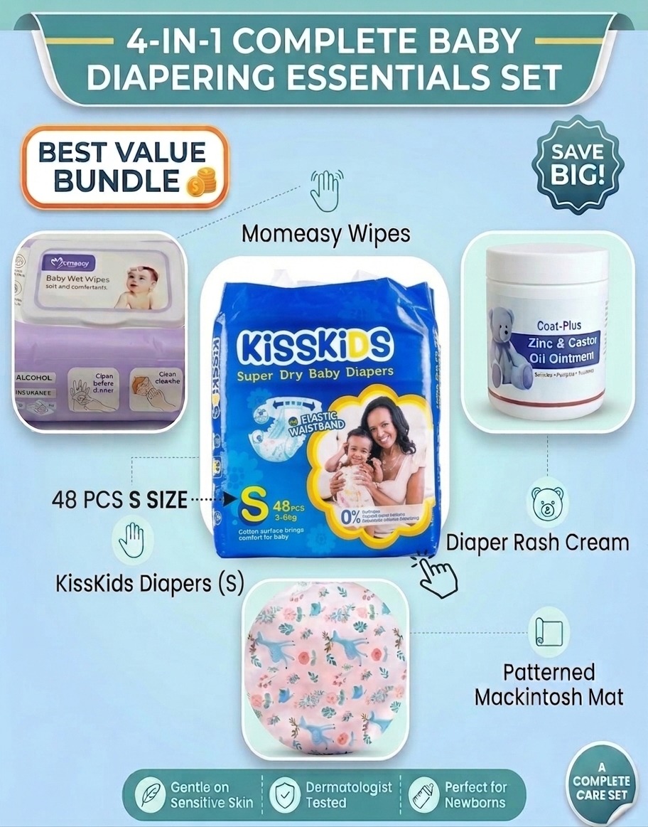 4 in Complete Diapering Essentials -KISSKIDS Diaper+Momeasy wet wipes+Zinc and Castor diaper rash cream+Waterproof mackintosh