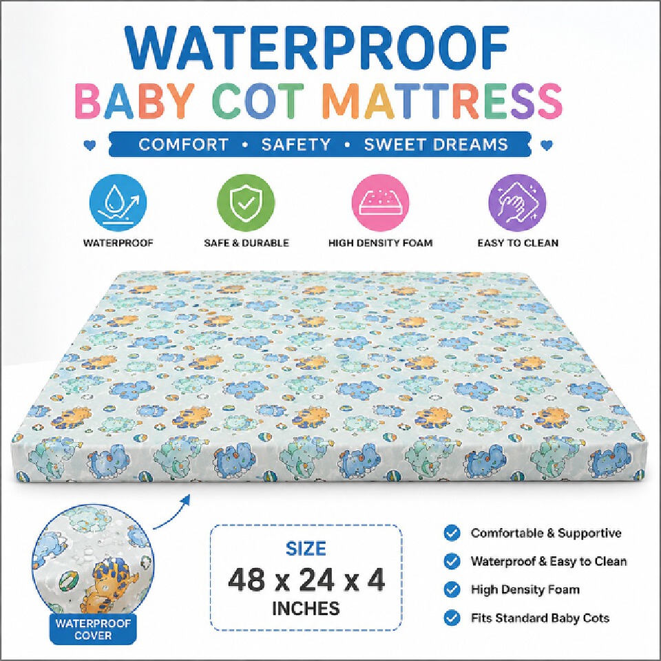 Waterproof Multicolored Baby Cot Mattress size 48*24*4 Inch- High Density Foam Baby Baby Mattress,Soft, Comfortable & Easy to Clean