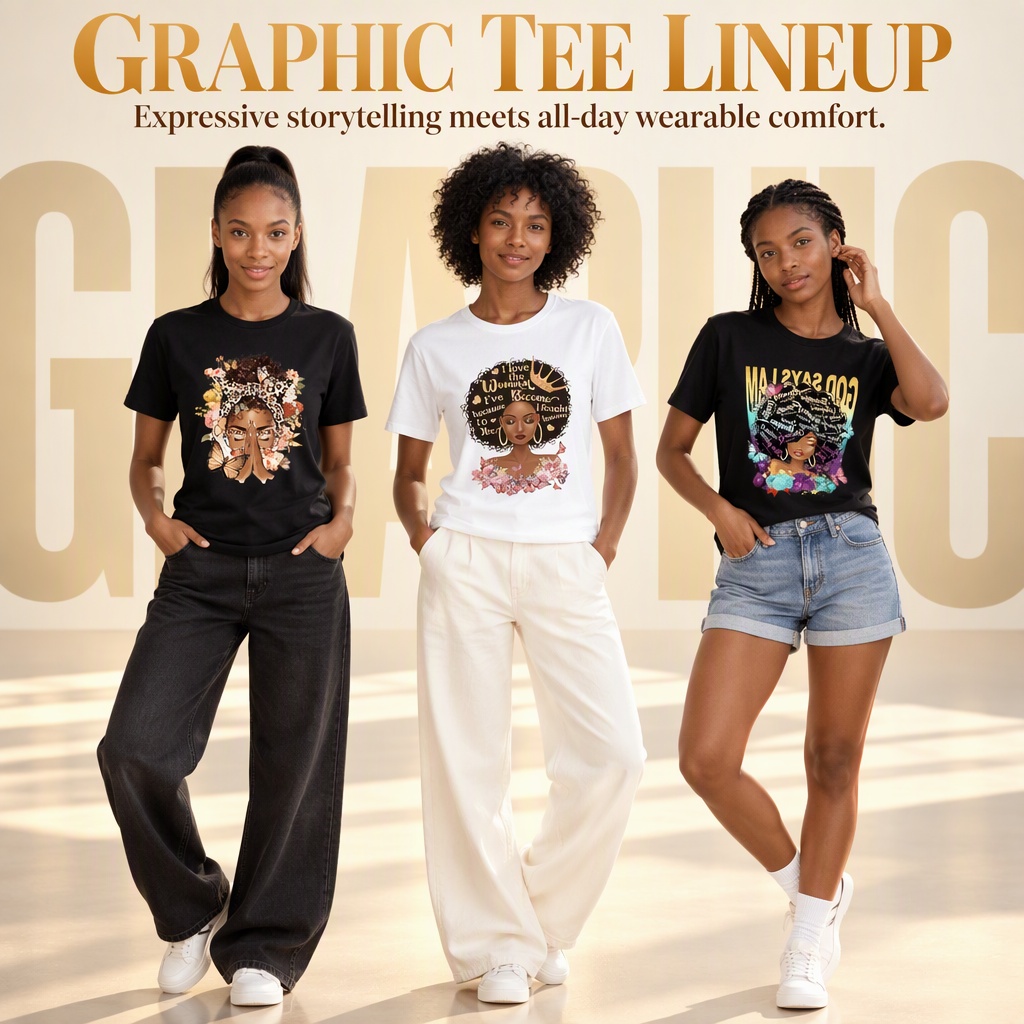 3-Pack Women's African Queen Graphic Printed Short Sleeve T-Shirts, Casual Ladies Tops, Item