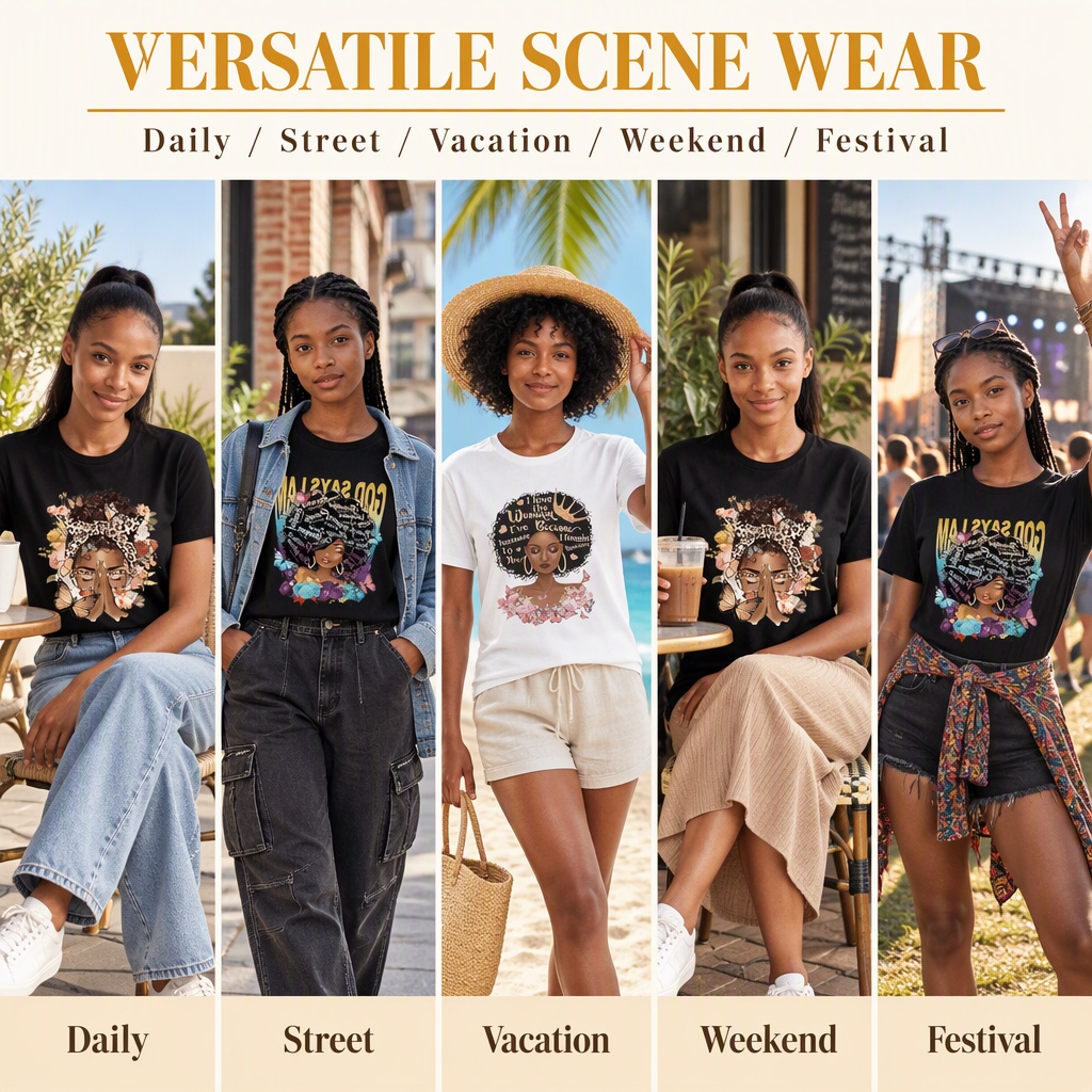 3-Pack Women's African Queen Graphic Printed Short Sleeve T-Shirts, Casual Ladies Tops, Item