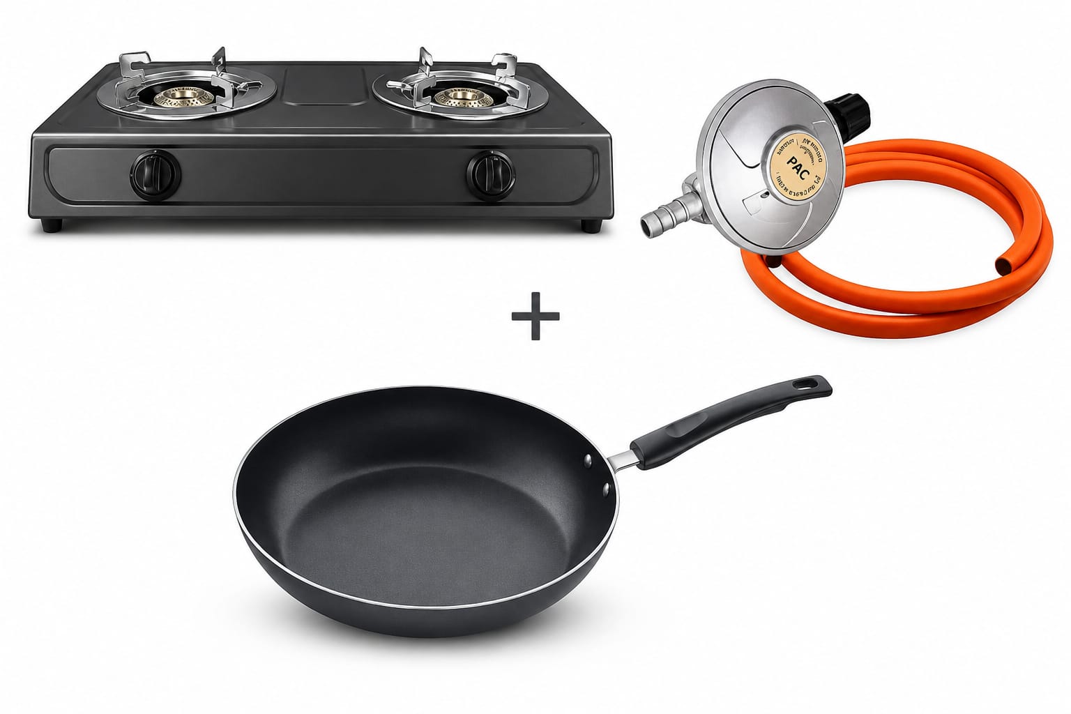2-Burner Gas Cooker - Stainless Steel, Black, Auto Ignition, Includes 6kg Regulator & Pipe + 26cm nonstick pan