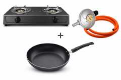 2-Burner Gas Cooker - Stainless Steel, Black, Auto Ignition, Includes 6kg Regulator & Pipe + 26cm nonstick pan