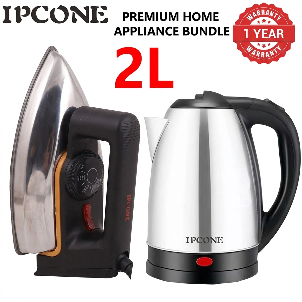 Kettle 2L 1500W Energy Efficient Jug Cordless Stainless Steel Electric Water Kettle Boiling one year + DRY IRON BOX