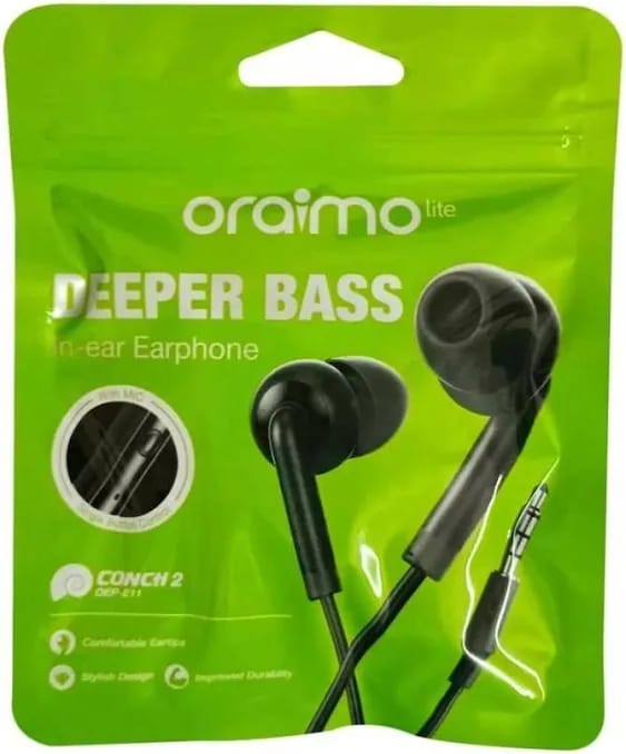 Oraimo wired Earphones with Strong Pure Bass, HD Sound with Mic, ultimate comfort eartips