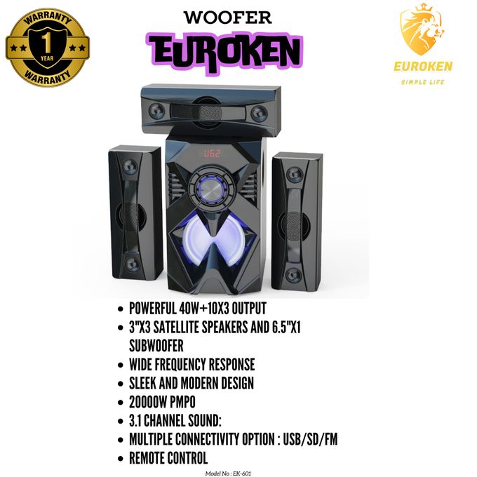 Euroken EK-601 3.1 CHANNEL HIGH QUALITY WOOFER SYSTEM PMPO 20000W & 3 SPEAKERS