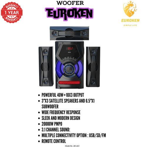 Euroken EK-603 3.1 CHANNEL HIGH QUALITY WOOFER SYSTEM PMPO 20000W & 3 SPEAKERS