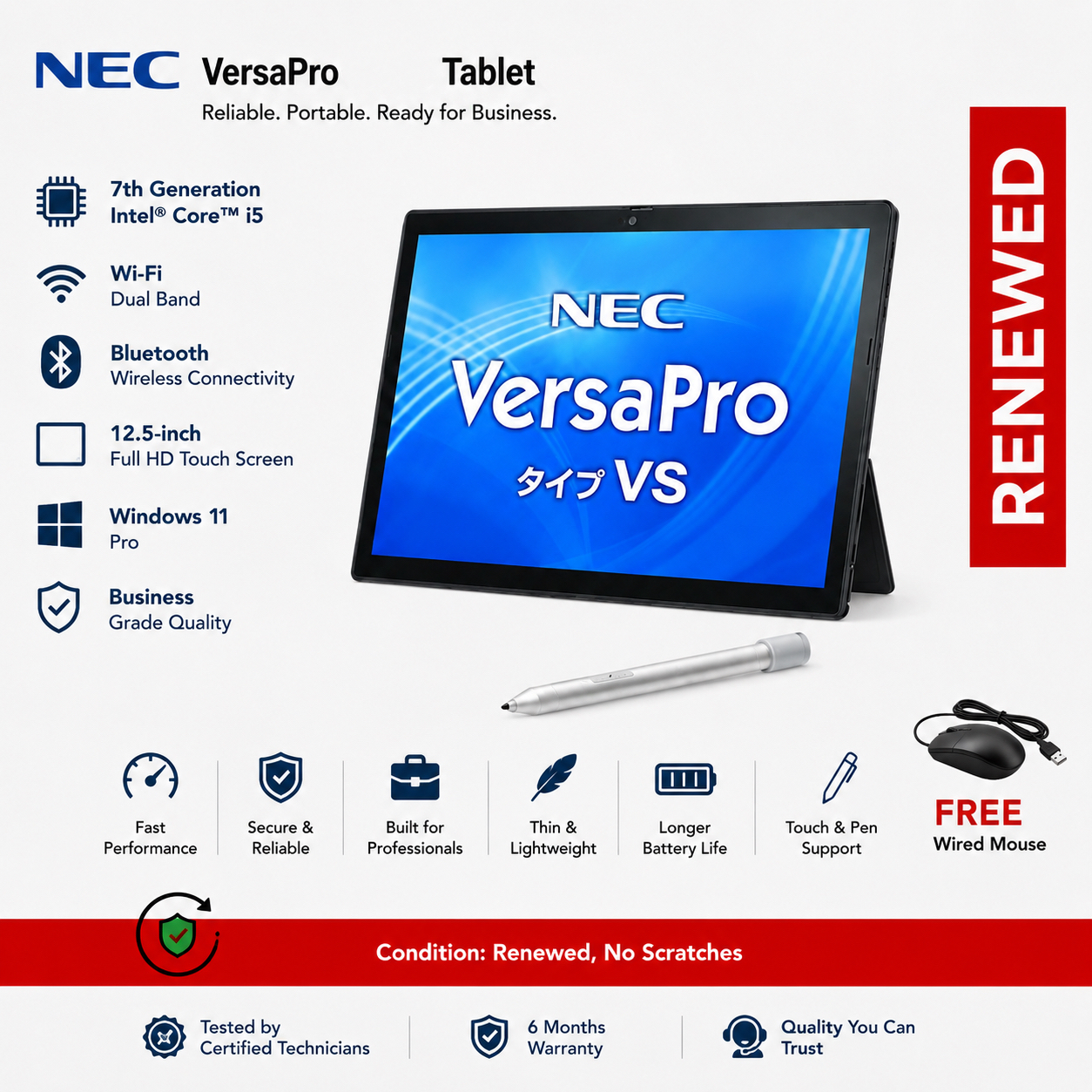 efurbished Nec VersaPro Tablet 7th Generation Core i5 Wi-fi Bluetooth 12.5-inch Full HD Touch screen with Office USB 3.0 4GB RAM/128GB SSD Windows 11