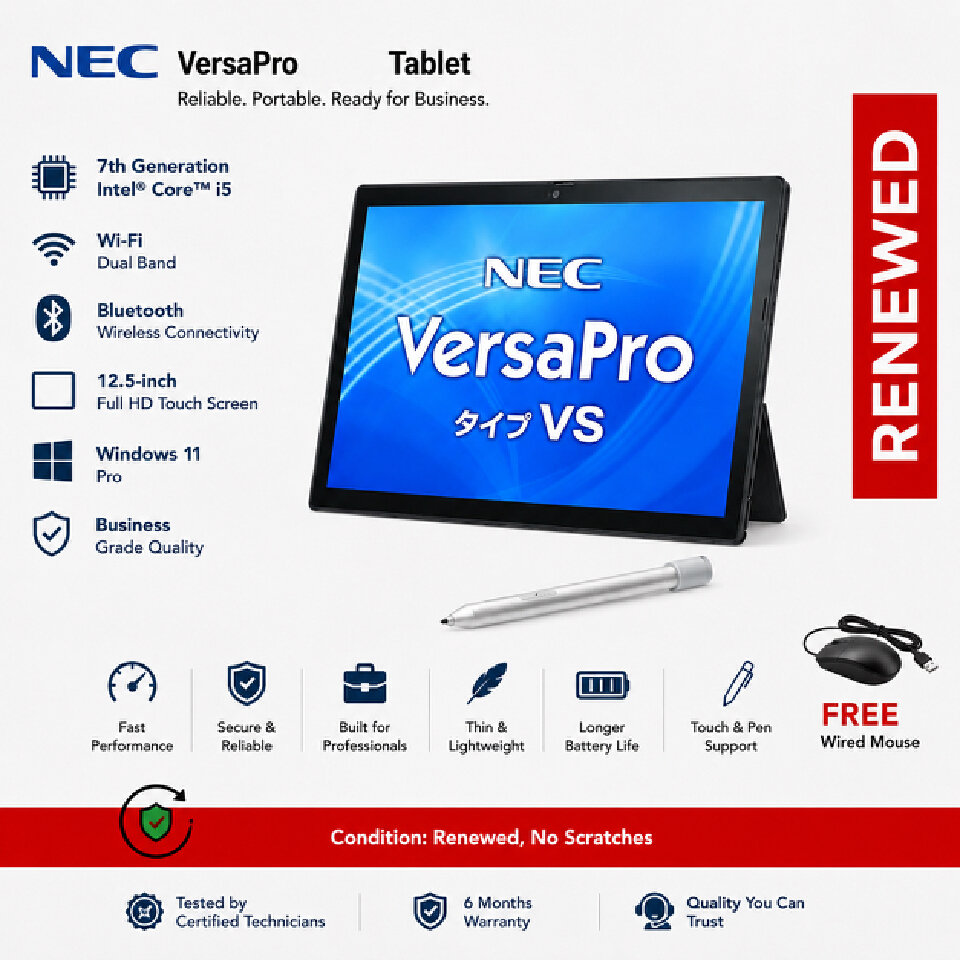 Refurbished Laptops Nec VersaPro Tablet 7th Generation Core i5 Wi-fi Bluetooth 12.5-inch Full HD Touch screen with Office USB 3.0 4GB RAM/128GB SSD Windows 11
