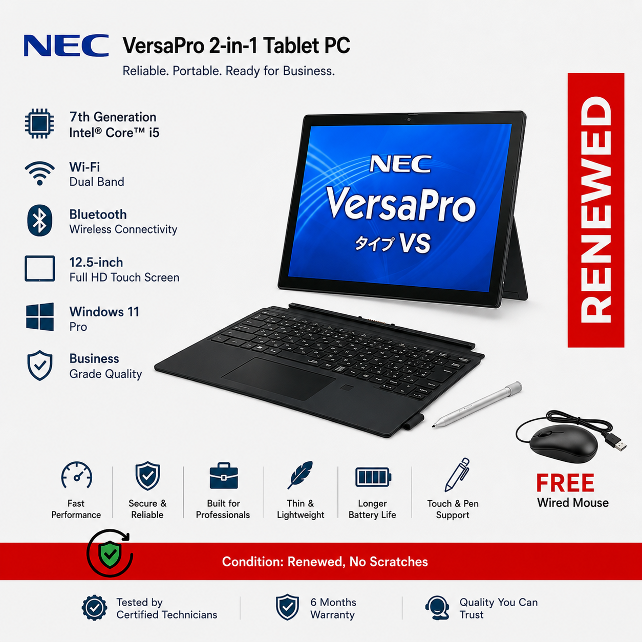 refurbished N ec VersaPro 2-in-1 Tablet PC 7th Generation Core i5 Wi-fi Bluetooth 12.5-inch Full HD Touch screen with Office USB 3.0 PC Laptop Windows 11