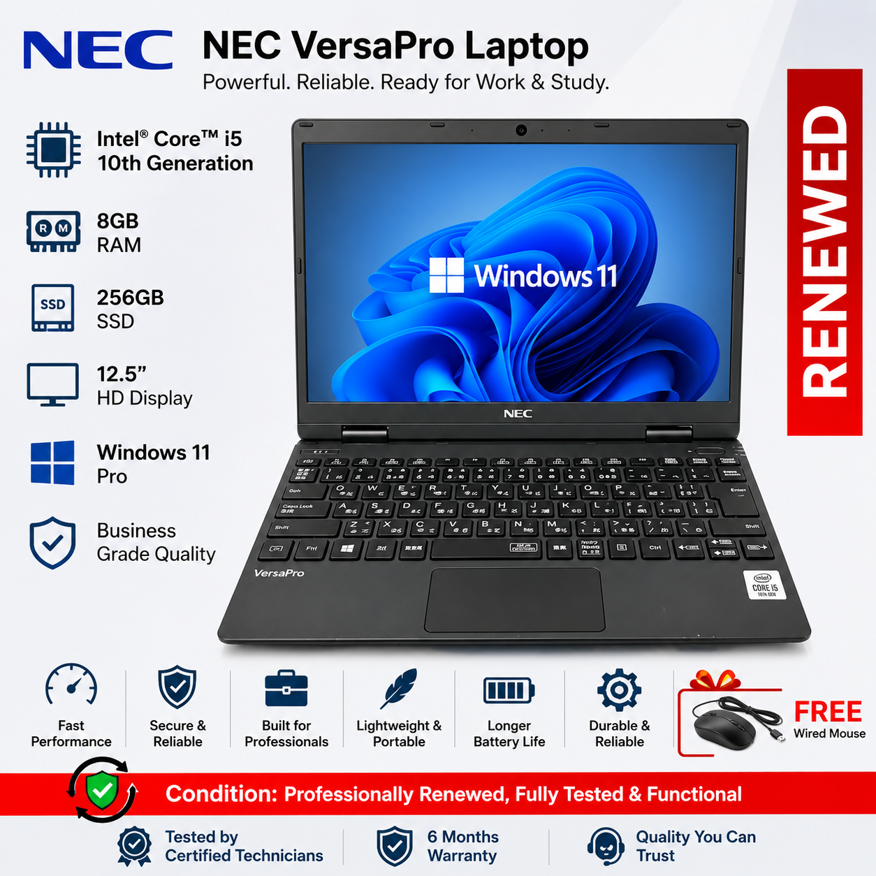 Nec Refurbished Laptop, 10th Generation Core i5,  8GB RAM /256GB SSD 12.5-inch Windows 11 pro