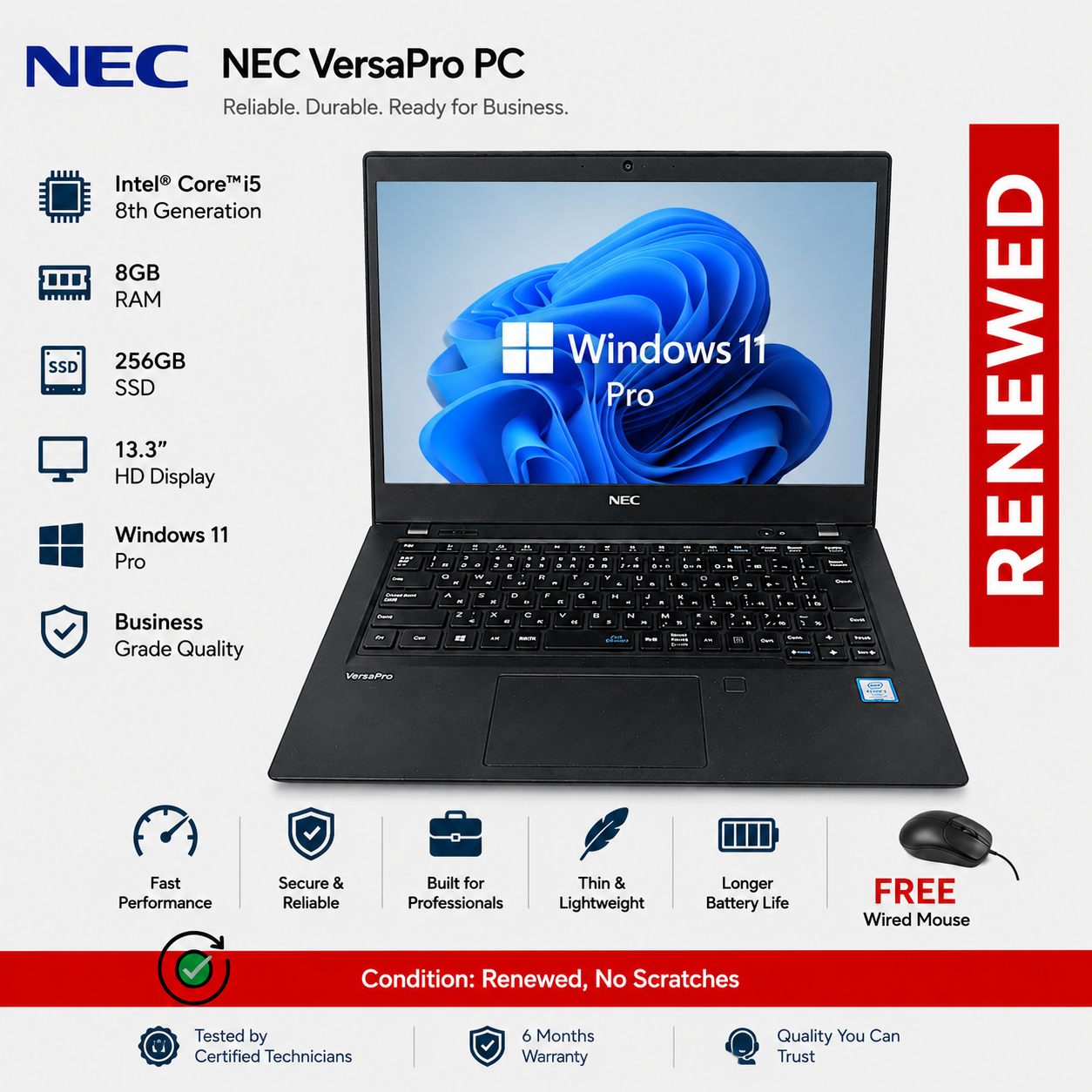 Refurbished NEC VersaPro Laptop, 13.3 Type, FHD, 8th Generation Core i5, CPU, 8 GB Memory, 256GB, Windows 11 & Office 2021, Lightweight, Business Laptop, Wireless Wi-Fi, HDMI