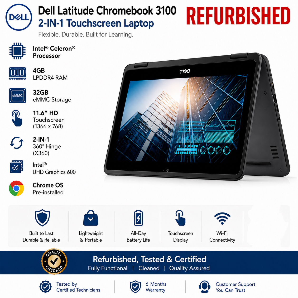 Refurbished DELLChromebook 3100 X360 11.6-Inch HD Touchscreen Chromebook, Intel® Celeron® Processor, 4GB RAM, 32GB eMMC Storage, ChromeOS, Rugged Education & Everyday Laptop
