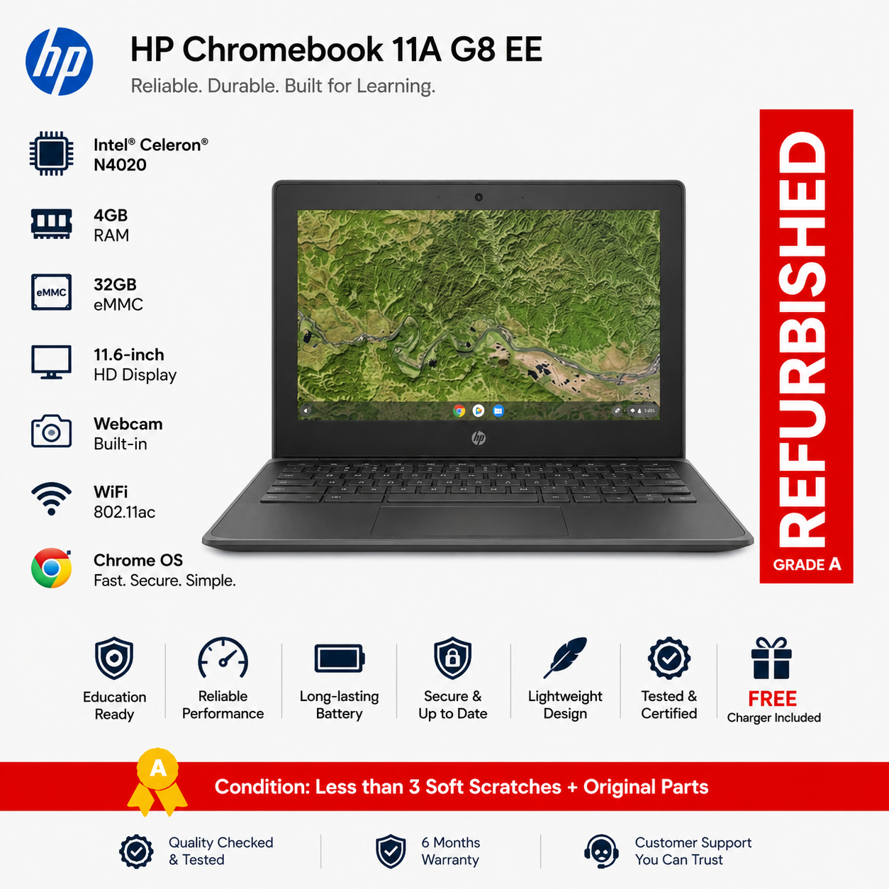 Refurbished Laptops HP Chromebook 11 G8 Ee 11.6" Chromebook Intel Celeron 1.10 GHz 4GB 32GB Chrome OS (Renewed)