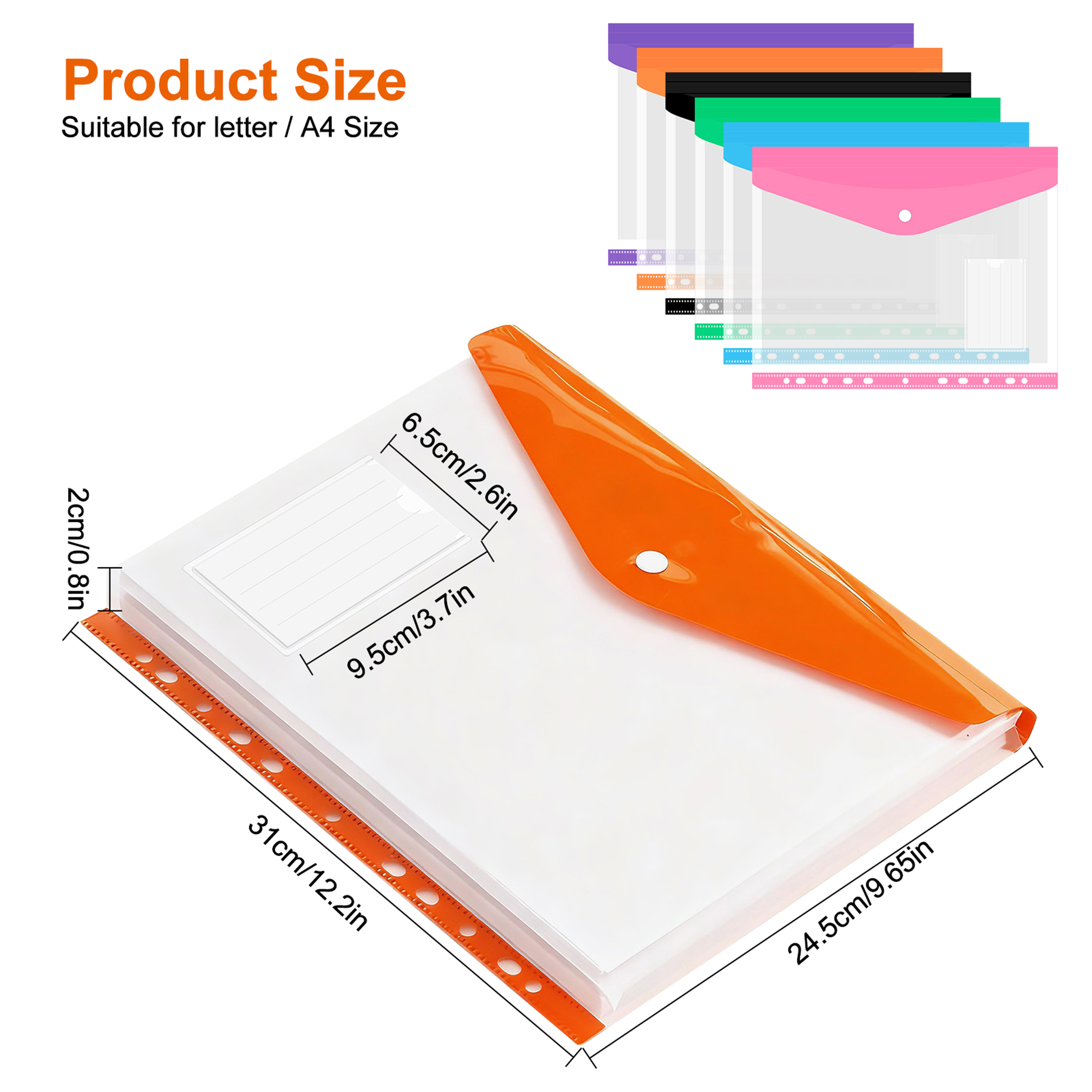 Binder Pocket 12 Pack Plastic Envelopes Binder Folders 11 Holes Expandable Binder Folders for 2/3/4 Ring Document Pouch with Snap Button & Label Loose-Leaf Transparent for Office Home