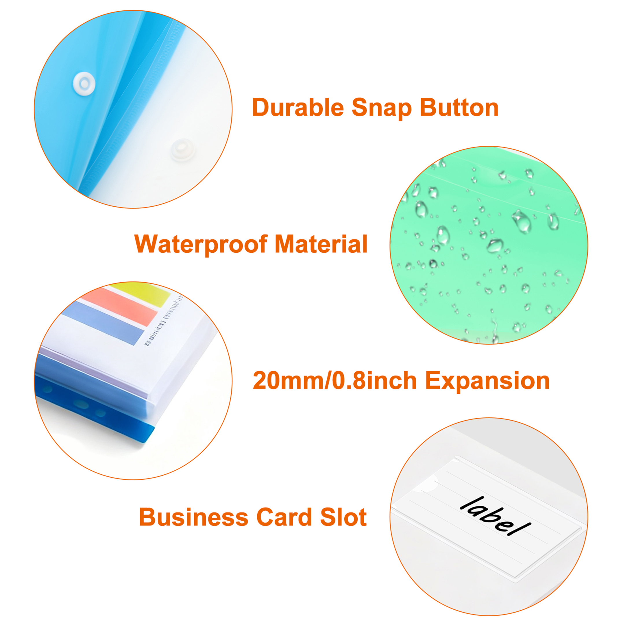 Binder Pocket 12 Pack Plastic Envelopes Binder Folders 11 Holes Expandable Binder Folders for 2/3/4 Ring Document Pouch with Snap Button & Label Loose-Leaf Transparent for Office Home