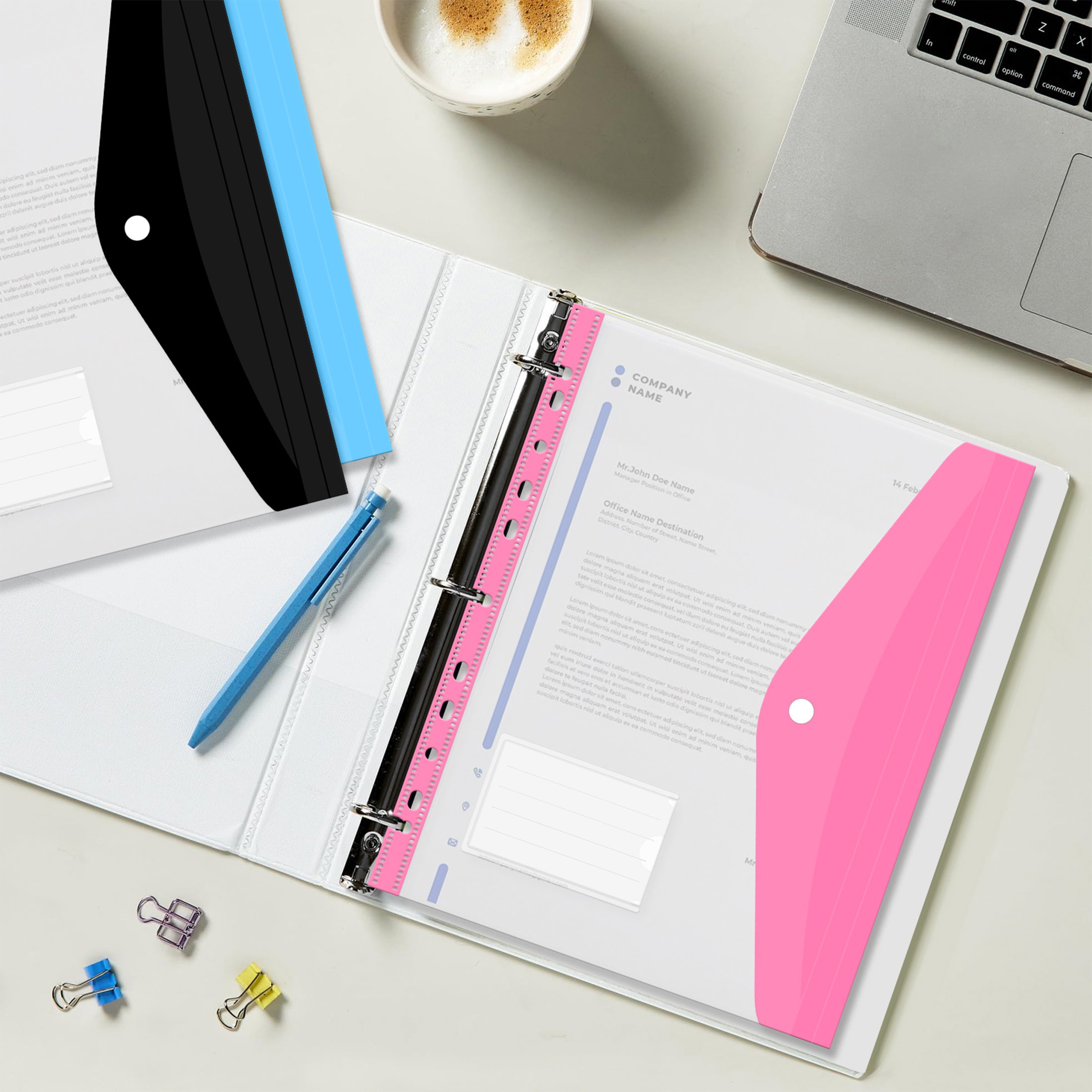 Binder Pocket 12 Pack Plastic Envelopes Binder Folders 11 Holes Expandable Binder Folders for 2/3/4 Ring Document Pouch with Snap Button & Label Loose-Leaf Transparent for Office Home
