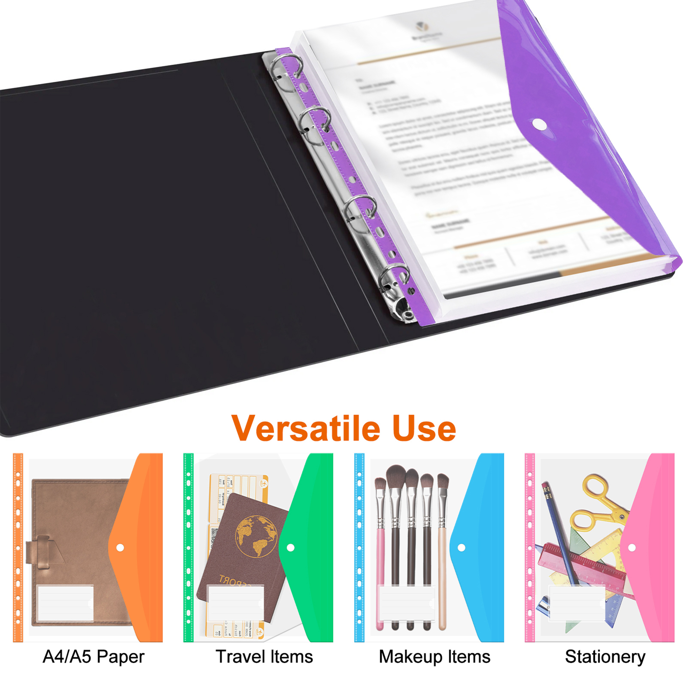 Binder Pocket 12 Pack Plastic Envelopes Binder Folders 11 Holes Expandable Binder Folders for 2/3/4 Ring Document Pouch with Snap Button & Label Loose-Leaf Transparent for Office Home