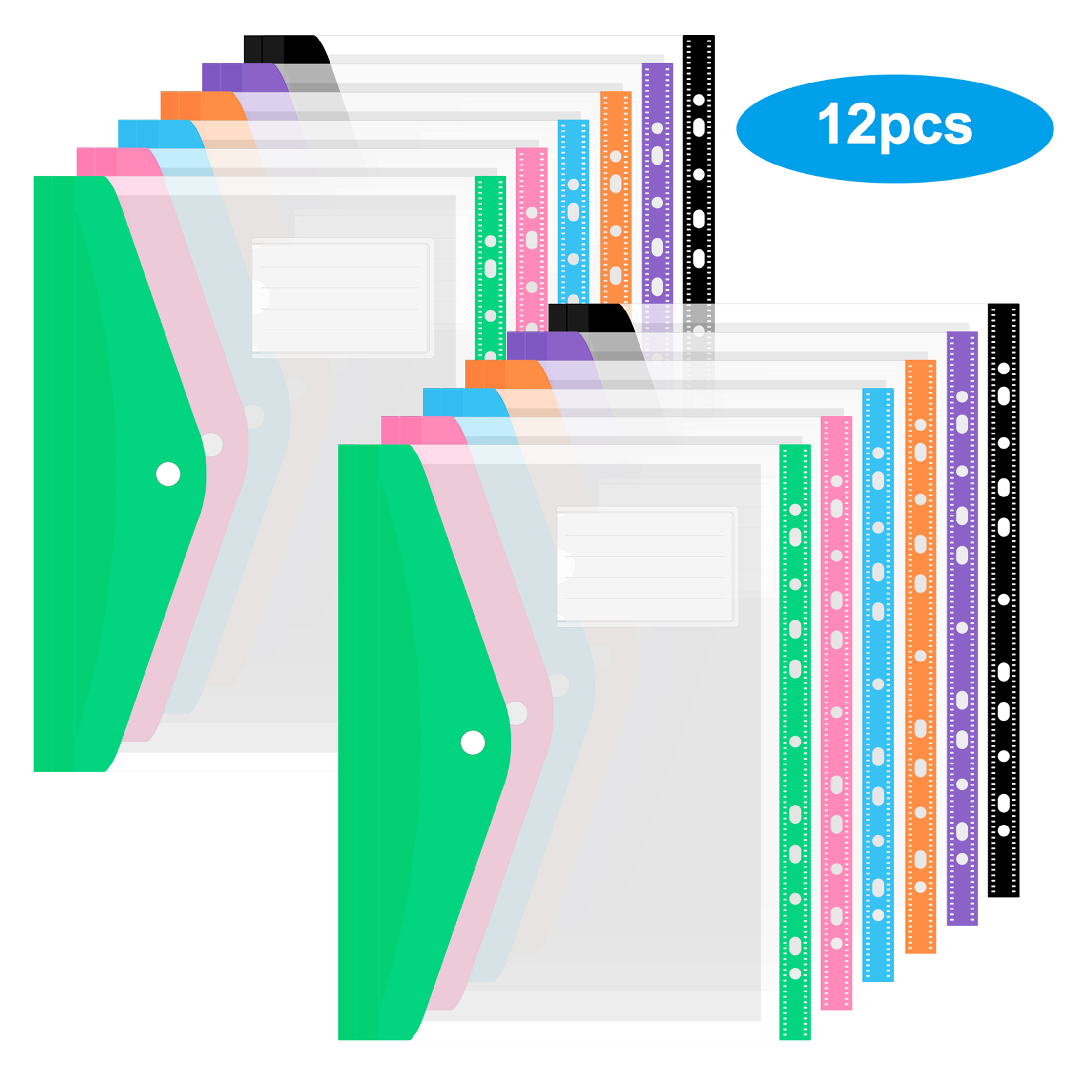 Binder Pocket 12 Pack Plastic Envelopes Binder Folders 11 Holes Expandable Binder Folders for 2/3/4 Ring Document Pouch with Snap Button & Label Loose-Leaf Transparent for Office Home