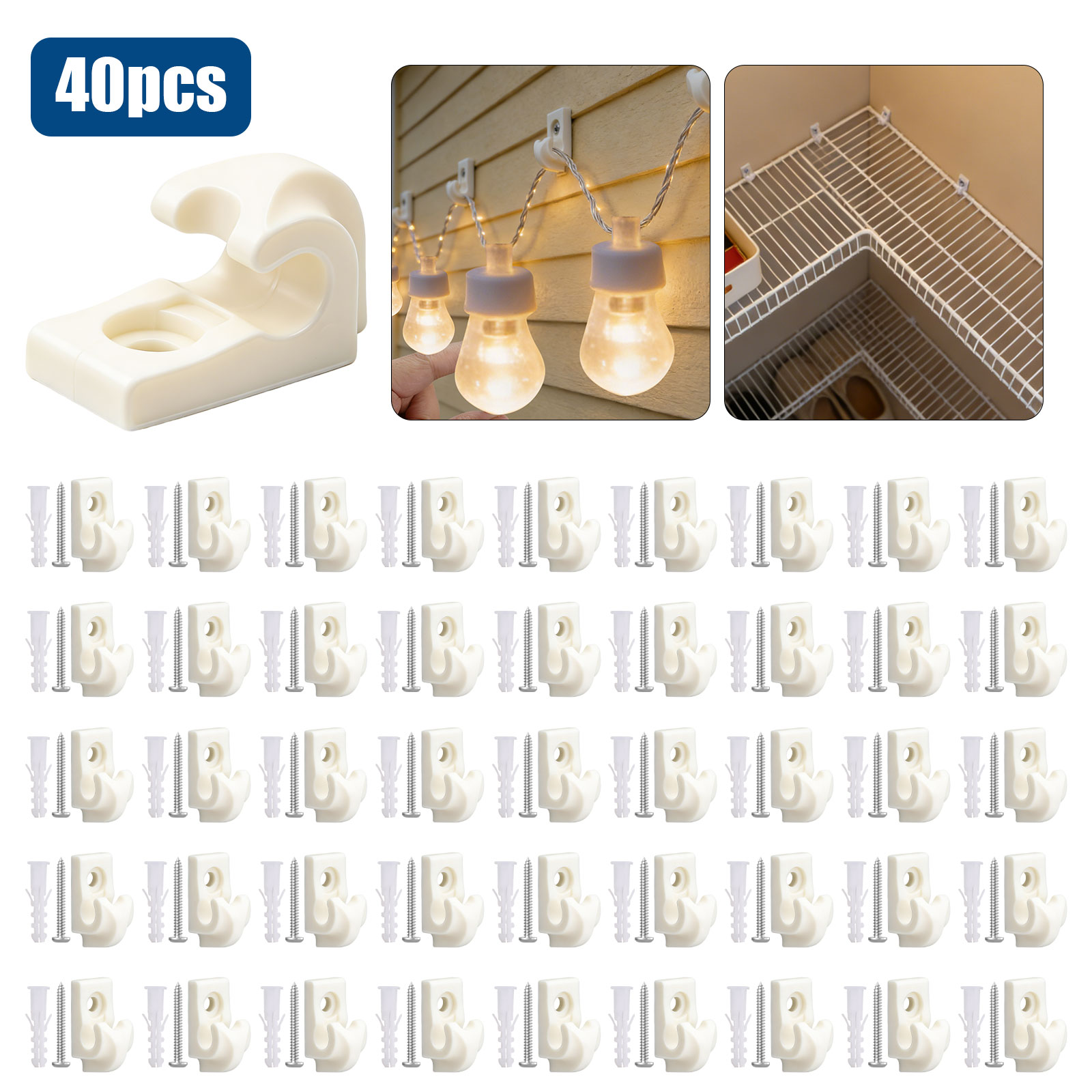 40pcs White Down Wall Clips, Closet Shelves Clips, Wire Shelf Loop Clips, Plastic Heavy Duty Wire Shelf Brackets