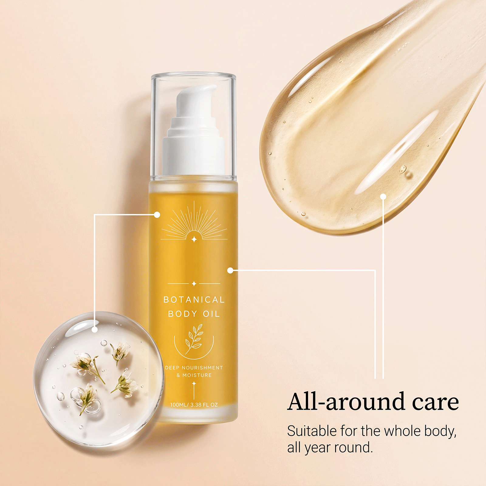 Soft and Nourishing Body Oil, Gentle Ingredients to Moisturize Body Skin, Hydrating and Smoothing, Daily Body Care Oil