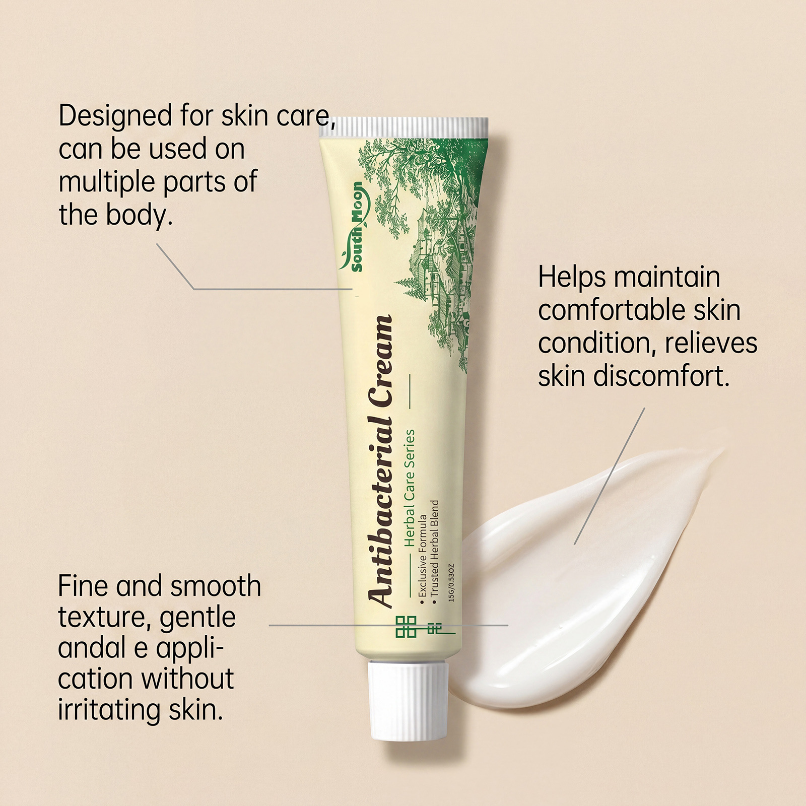 SOUTH MOON Herbal Refreshing Soothing Cream: moisturizes and comforts the skin, making it delicate, smooth, hydrated, and non-greasy