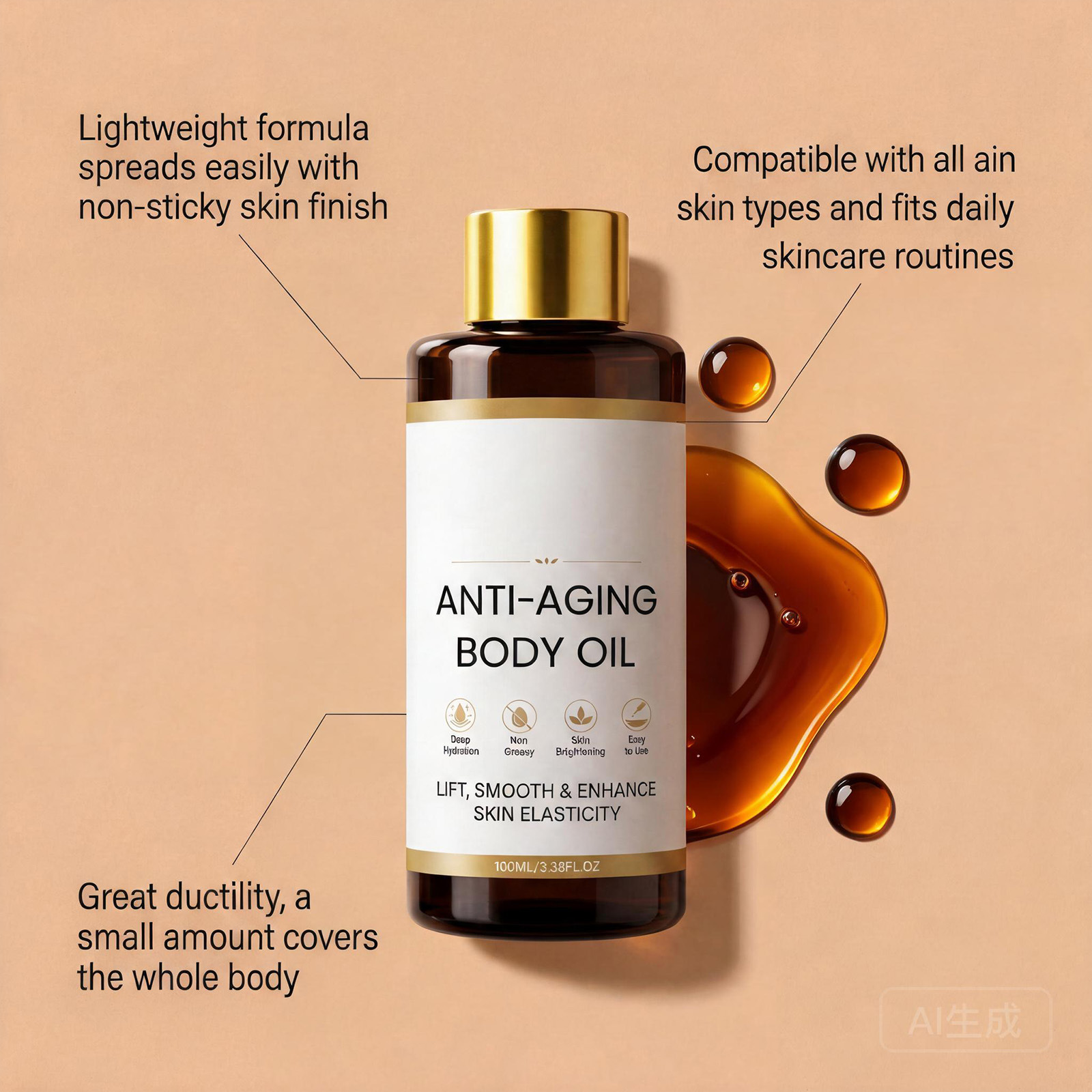 Body essential oil, gently moisturizing, massages the skin, keeps it hydrated and comfortable daily, with a light, non-greasy texture.
