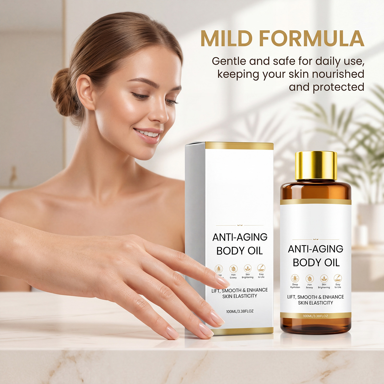 Body essential oil, gently moisturizing, massages the skin, keeps it hydrated and comfortable daily, with a light, non-greasy texture.