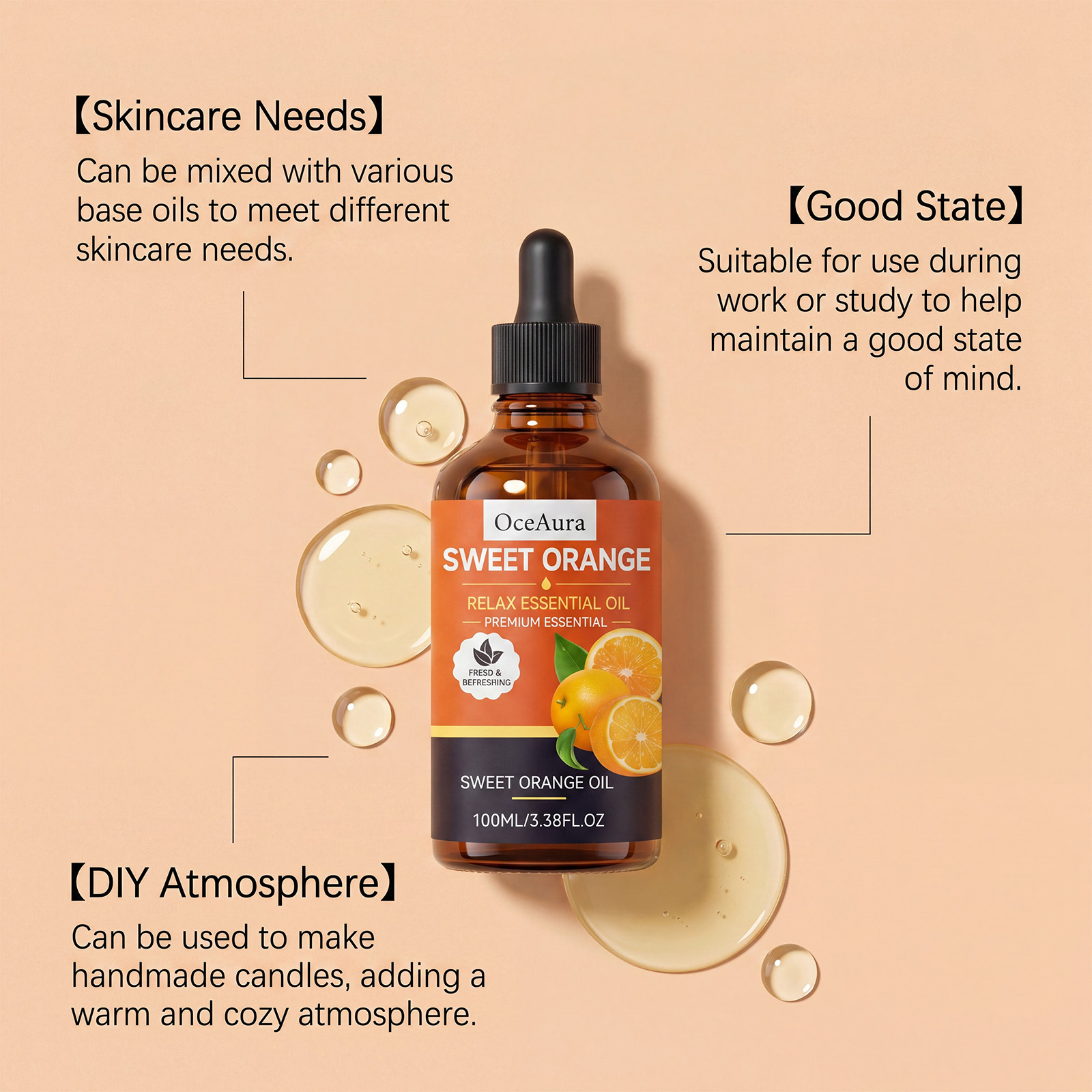 OCEAURA Sweet Orange Essential Oil - Natural sweet orange scent, gentle care for the body, comfortable and enjoyable, convenient everyday essential oil