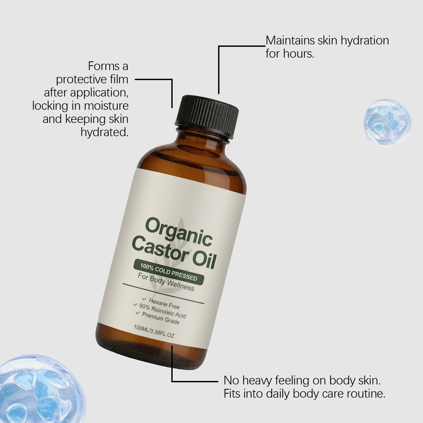 Soft and smooth castor oil with a gentle texture, easy to apply, suitable for daily moisturizing and basic care for body skin.