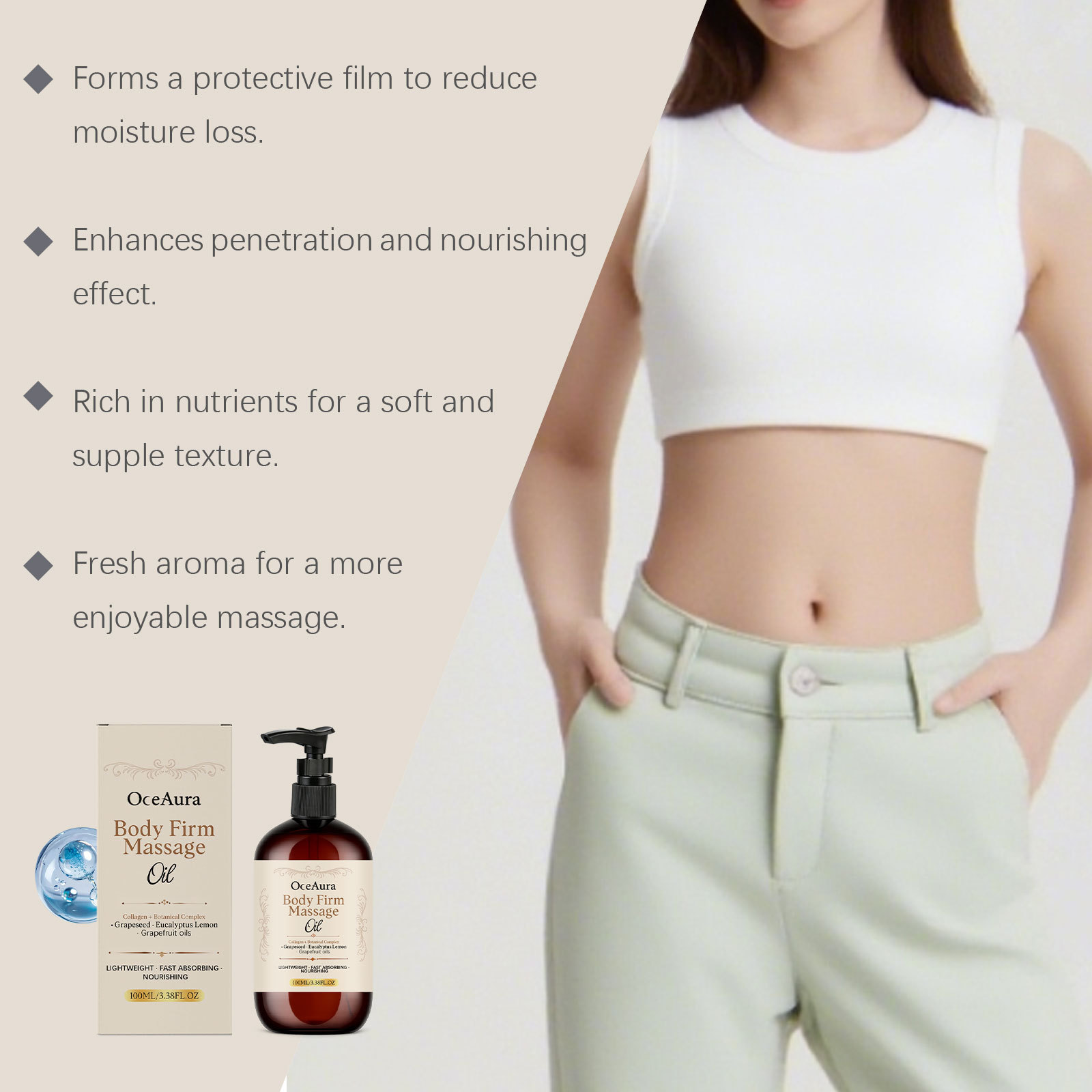 OCEAURA Body Massage Oil, gentle formula for caring for your skin, light and easy to apply, comfortable, fresh, and convenient