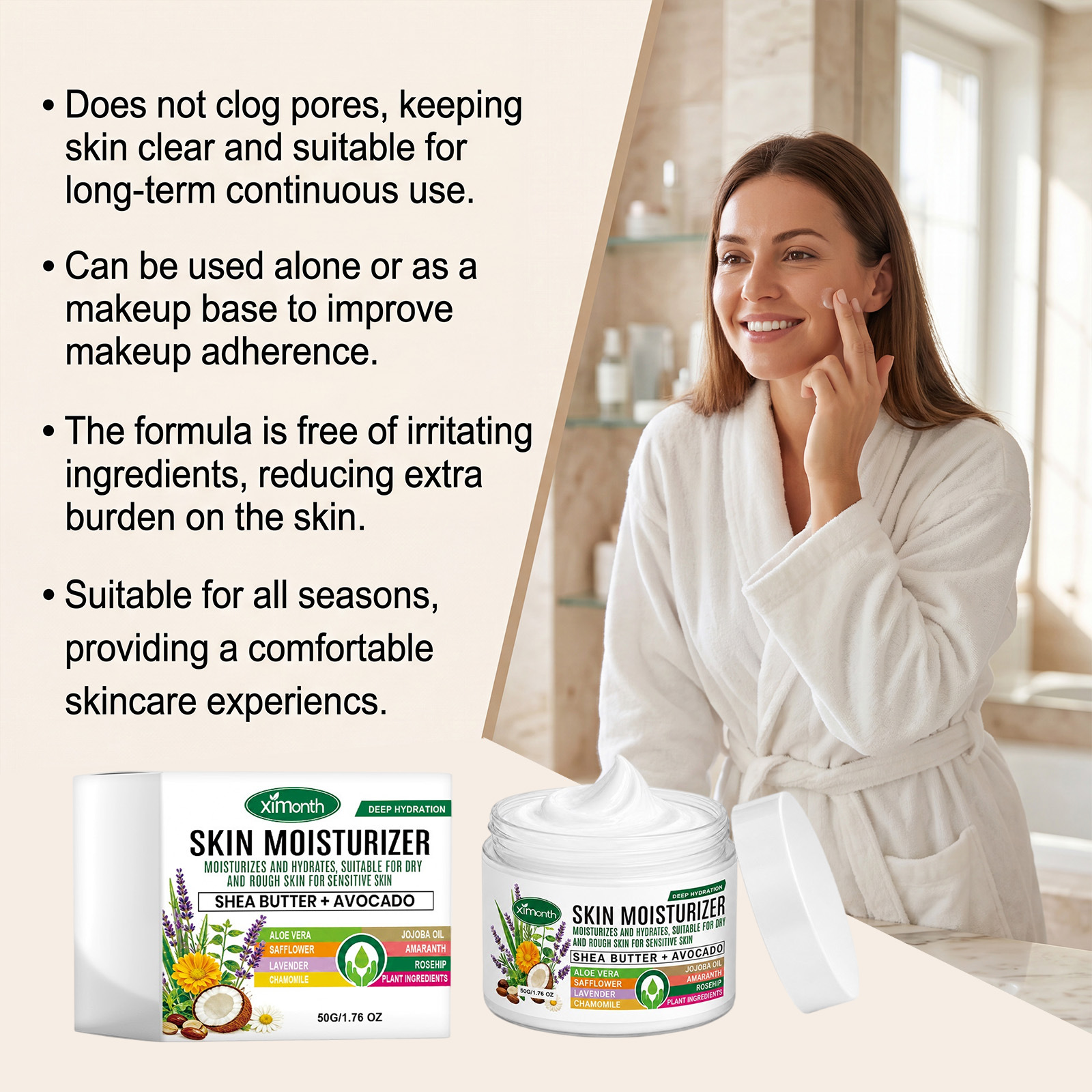 XIMONTH skin moisturizing cream - gentle everyday hydration, softens facial skin, fine texture, easily absorbed