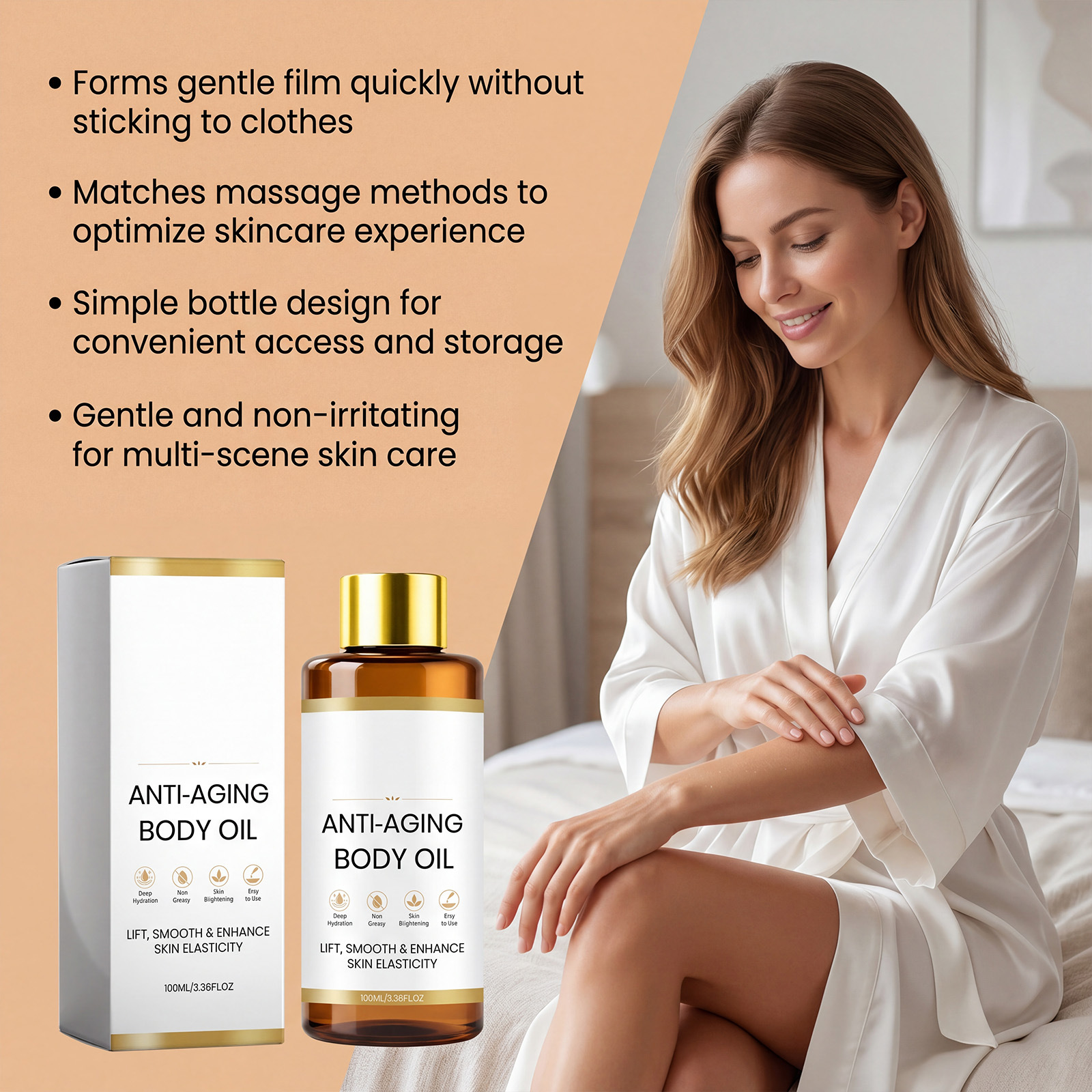 Body essential oil, gently moisturizing, massages the skin, keeps it hydrated and comfortable daily, with a light, non-greasy texture.