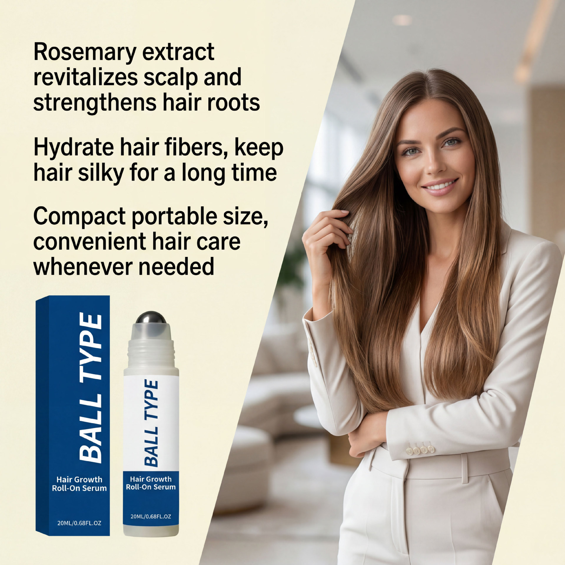 Hair Roll-On Essence Gentle formula to care for hair, keeping it moisturized, smooth, and shiny – daily roll-on essence