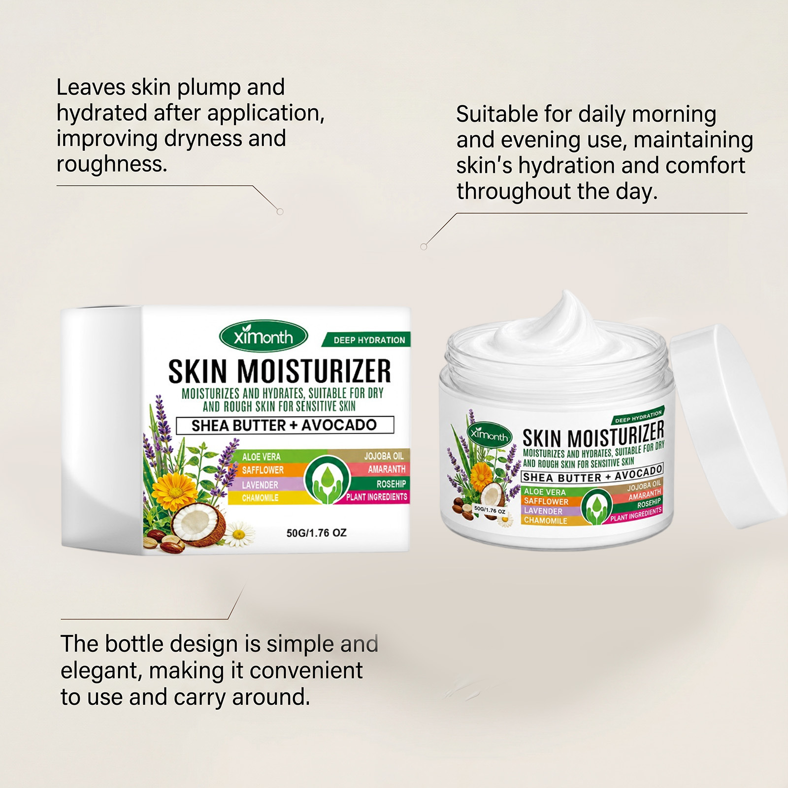 XIMONTH skin moisturizing cream - gentle everyday hydration, softens facial skin, fine texture, easily absorbed