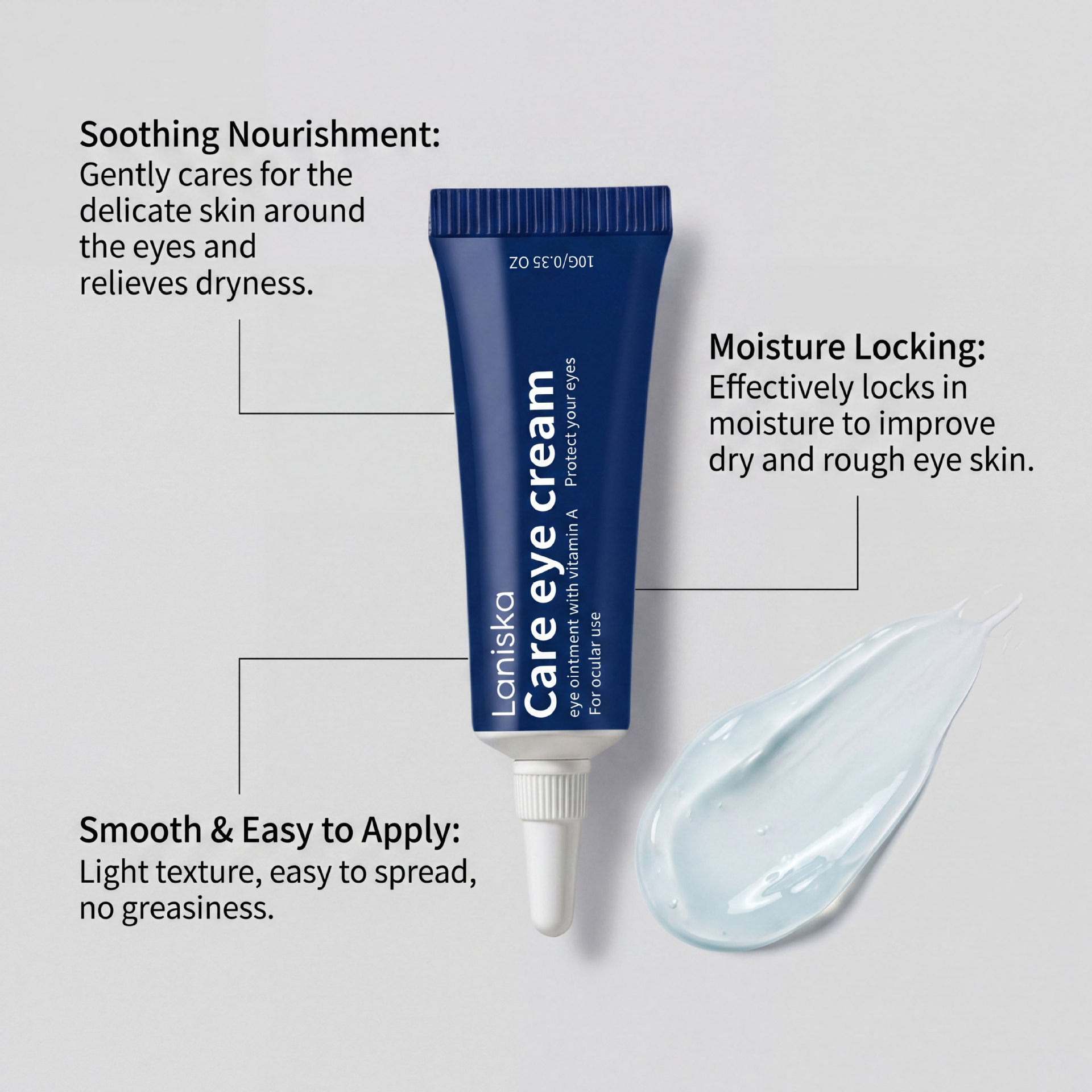 LANISKA Eye Care Eye Cream, lightweight and smooth, easy to apply, gently softens and comforts the skin around the eyes, keeps it moisturized and hydrated