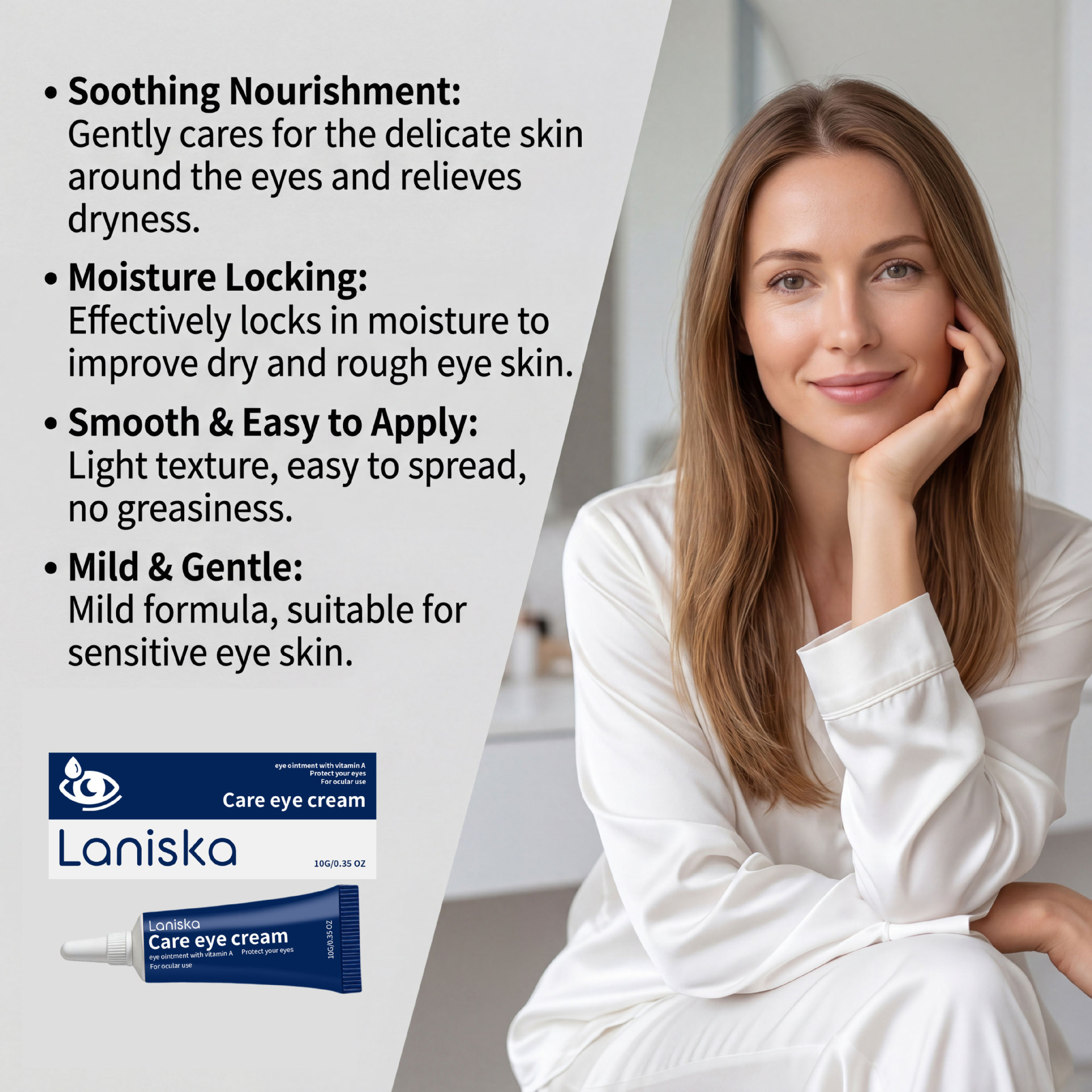 LANISKA Eye Care Eye Cream, lightweight and smooth, easy to apply, gently softens and comforts the skin around the eyes, keeps it moisturized and hydrated