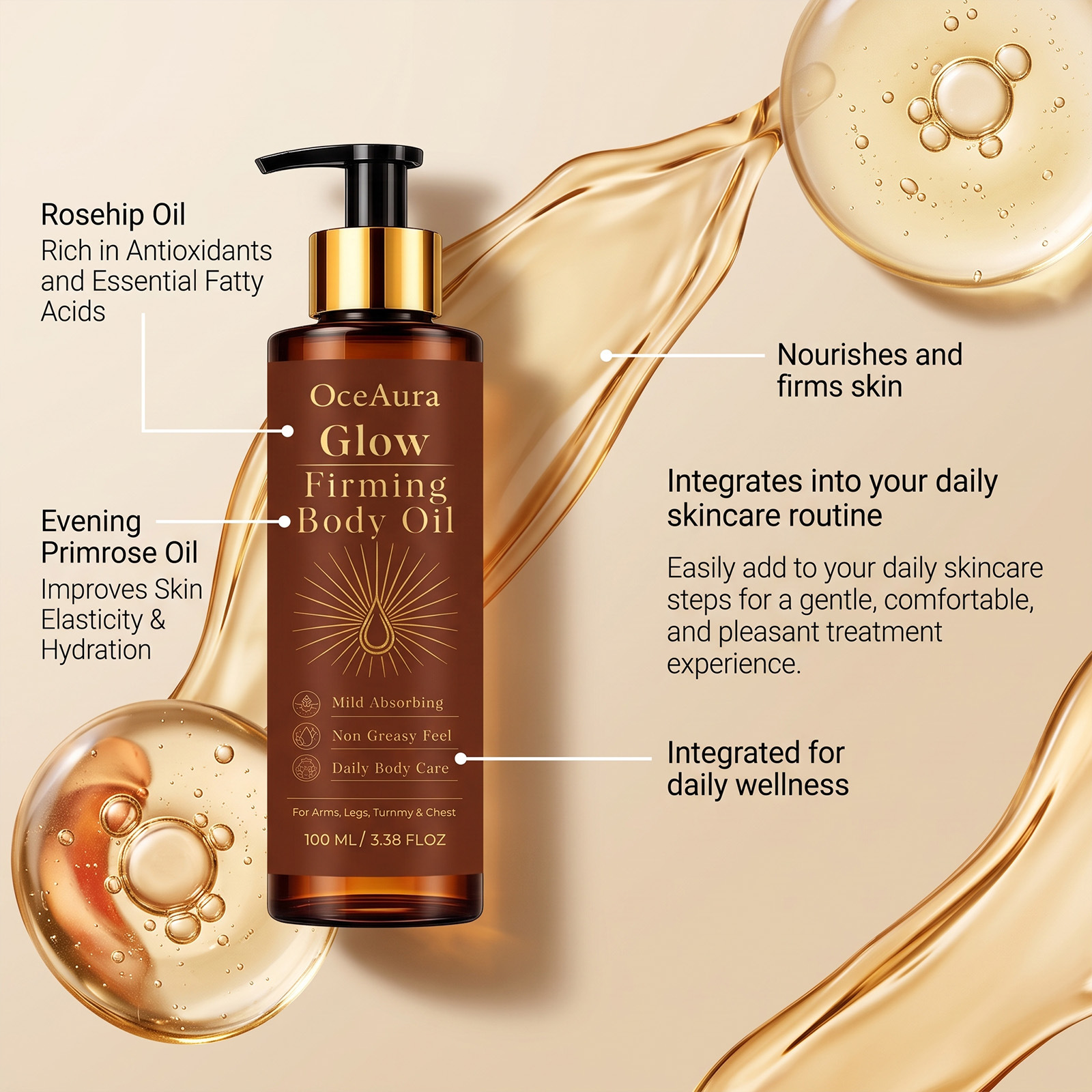 OCEAURA Radiant Body Oil gently moisturizes the skin, moisturizing and refreshing the skin