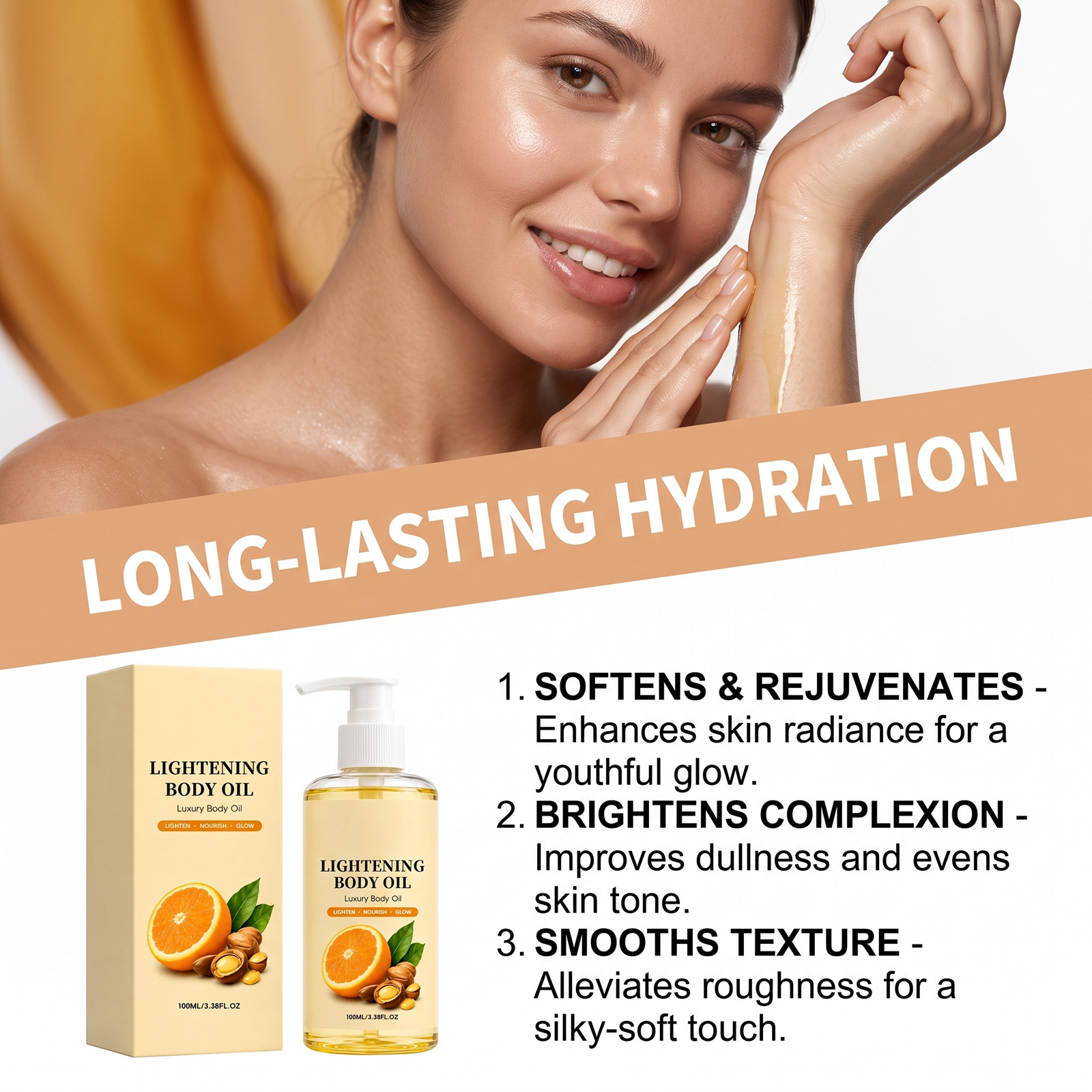 Brightening and moisturizing oil, lightweight and hydrating, soft and skin-friendly, keeps skin moisturized and glowing, smooth and radiant for daily body use