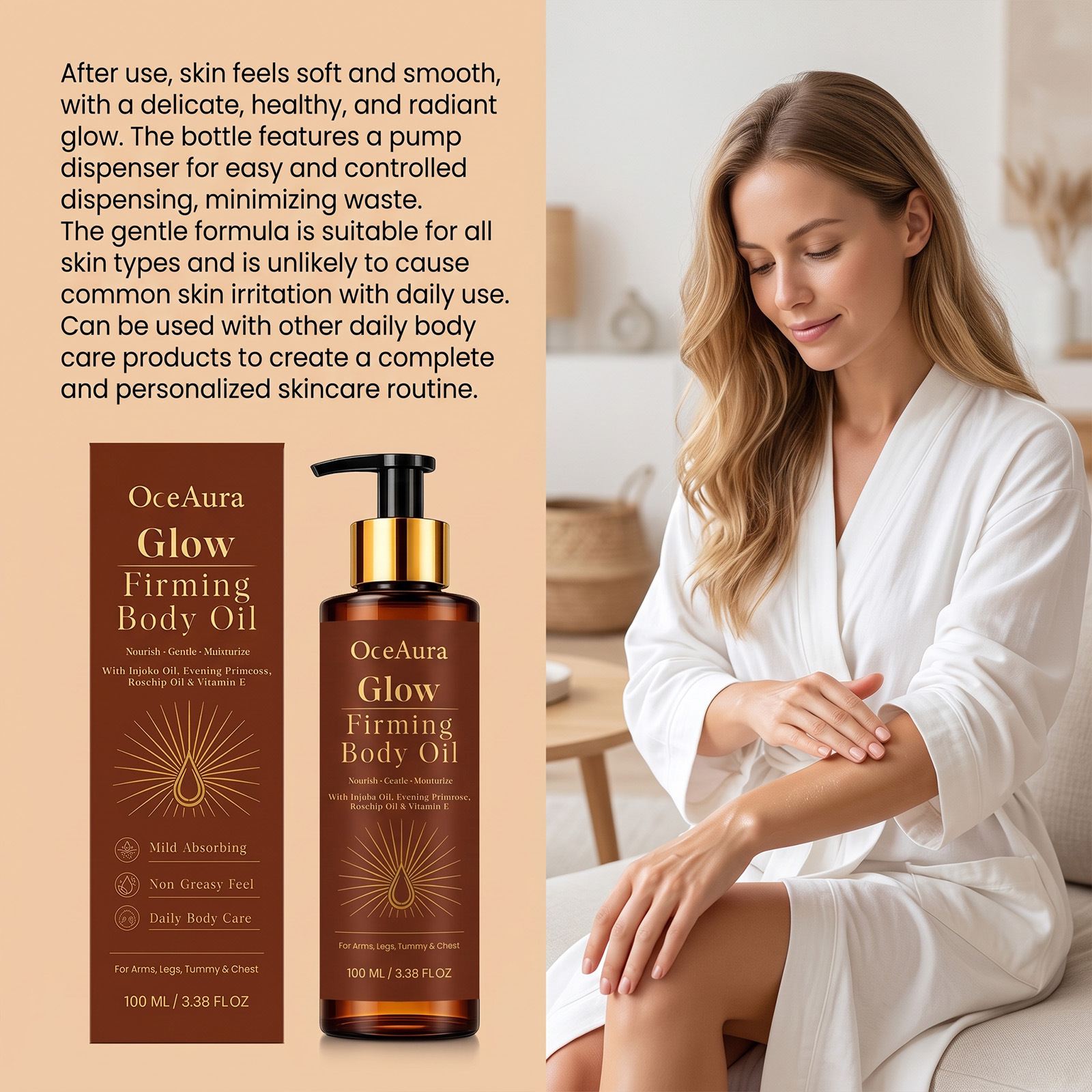 OCEAURA Radiant Body Oil gently moisturizes the skin, moisturizing and refreshing the skin