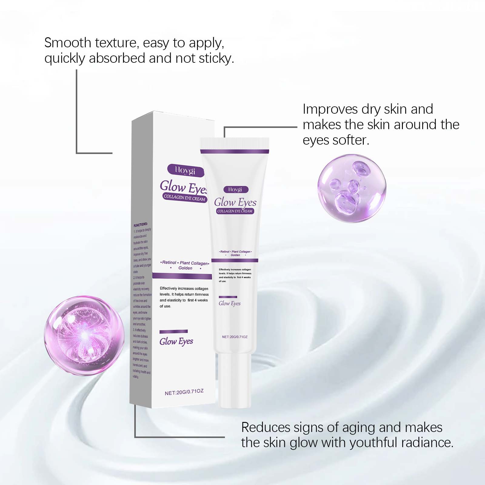 Hoygi Collagen Eye Cream - Elastic and Hydrating, Moisturizes and Cares for the Eye Area, Nourishing and Brightening Eye Cream
