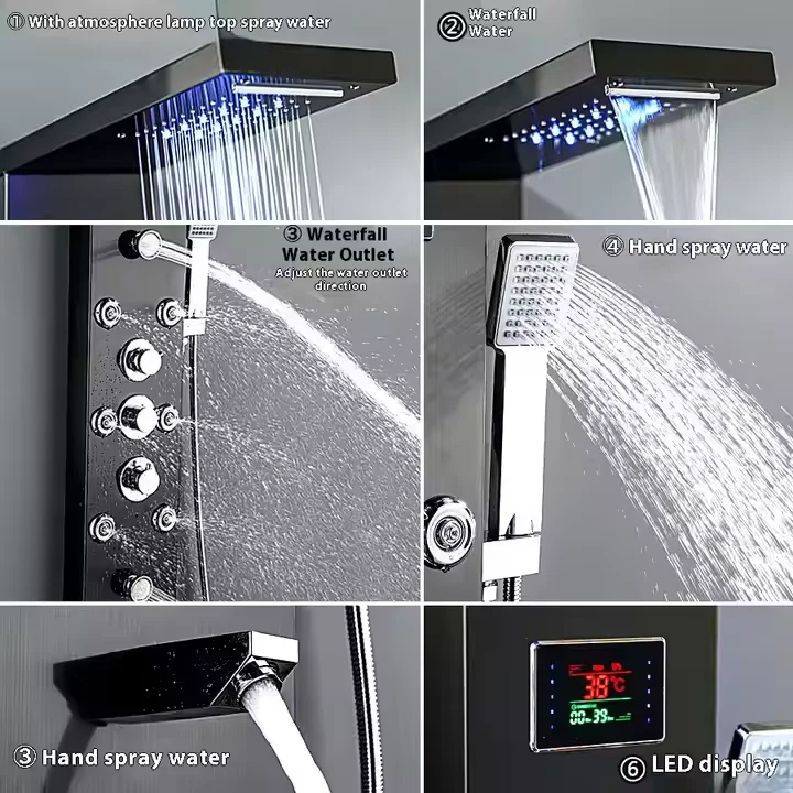 Bathroom Shower Panel LED Waterfall Shower Water Top Spray Temperature Display Faucet Back Massage with Water Tap 6 function