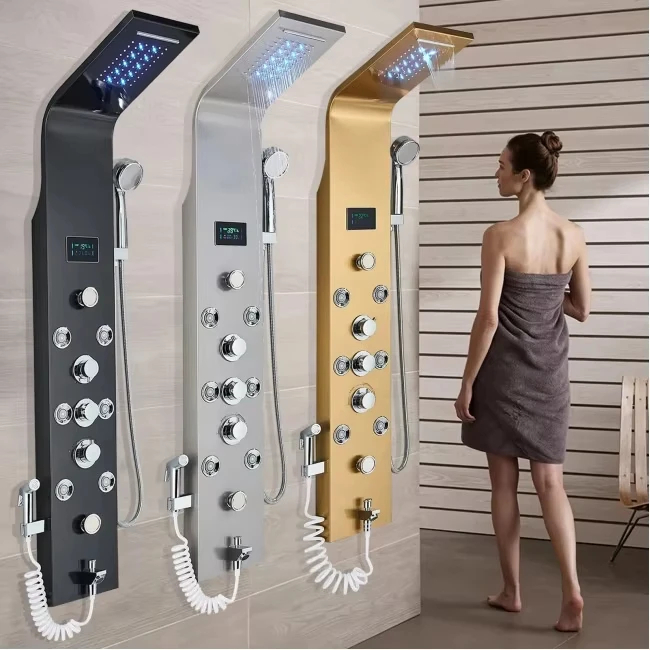Bathroom Shower Panel LED Waterfall Shower Water Top Spray Temperature Display Faucet Back Massage with Water Tap 6 function