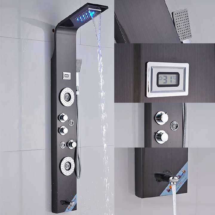 Bathroom Shower Panel LED Waterfall Shower Water Top Spray Temperature Display Faucet Back Massage with Water Tap 6 function