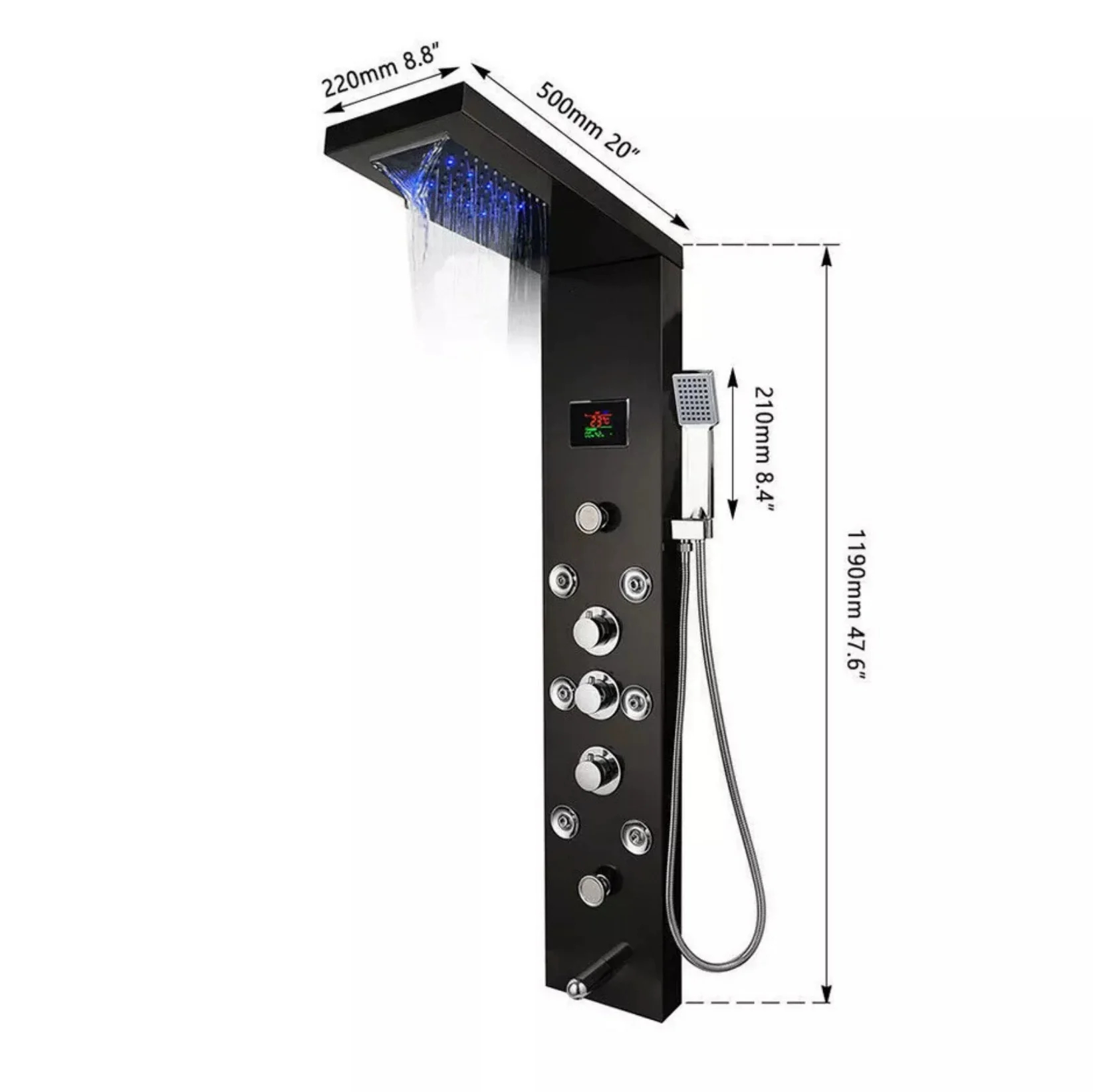 Bathroom Shower Panel LED Waterfall Shower Water Top Spray Temperature Display Faucet Back Massage with Water Tap 6 function