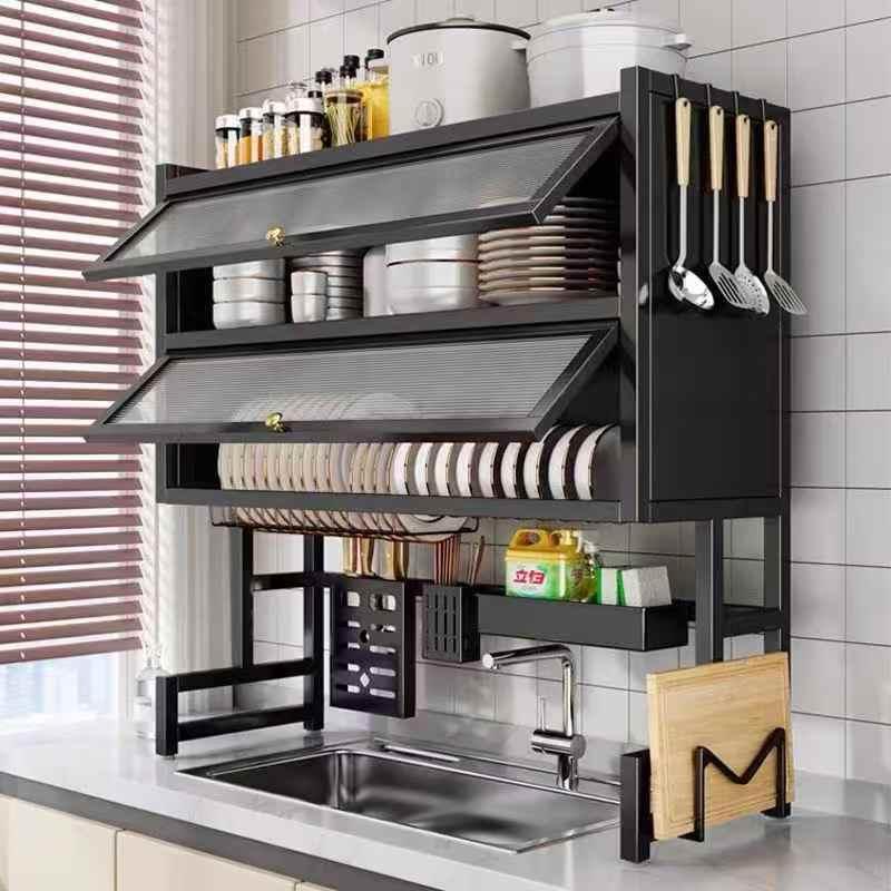 ✨ Premium 2-Layer Over-the-Sink Dish Rack | With Dust-Proof Acrylic Glass Cover & Modular Storage 🍽️