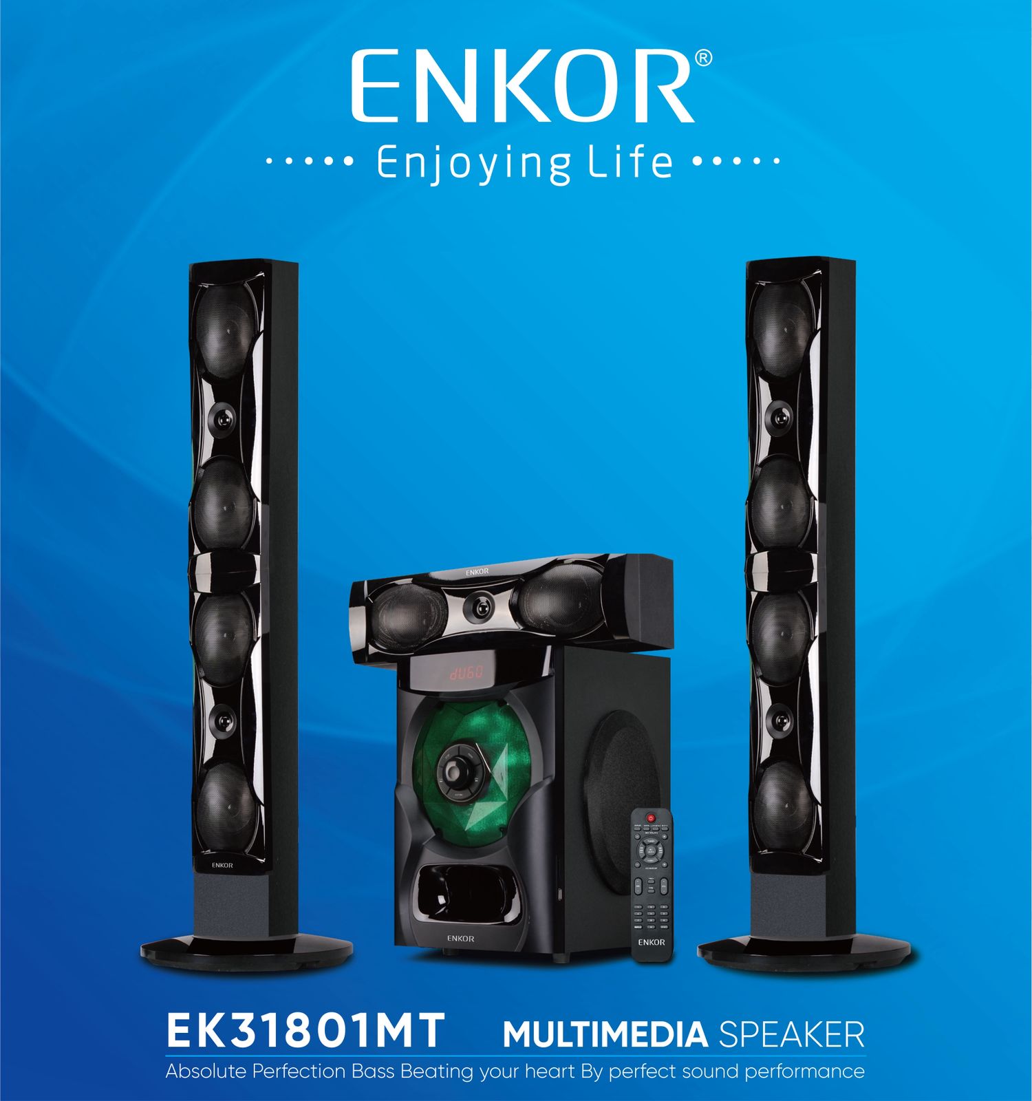 🎶 Enkor EK31801MT 3.1 Channel 18,000W PMPO Tallboy Home Theater System 🔊High-performance 3.1 channel home theater sound system featuring elegant floor-standing tallboy speakers, massive 18,000W PMPO