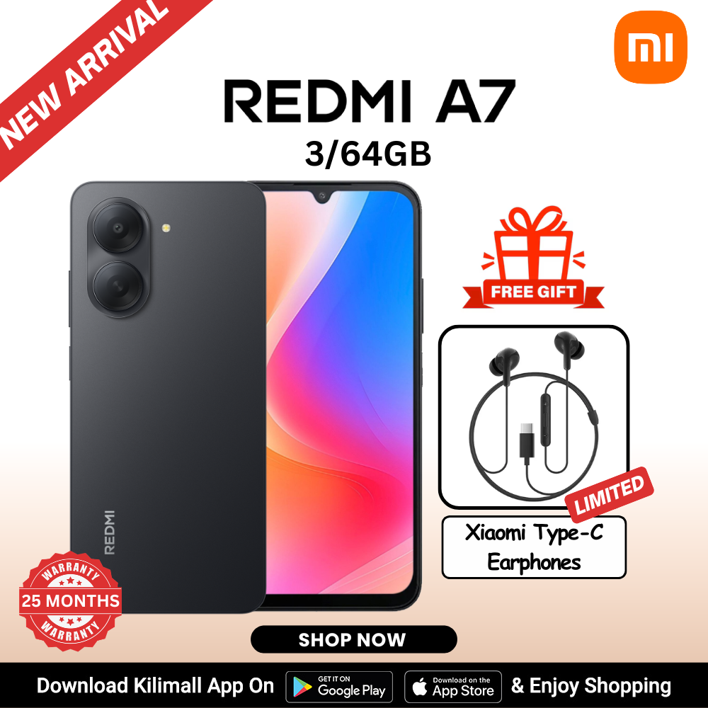 【Xiaomi Official】Redmi A7 Smartphone -  6.88" LCD Display 3GB RAM + 64GB ROM Dual SIM 5200mAh 13MP main camera 8MP Selfie camera Side fingerprint sensor Type C charger 3.5mm jack Bluetooth 5.2